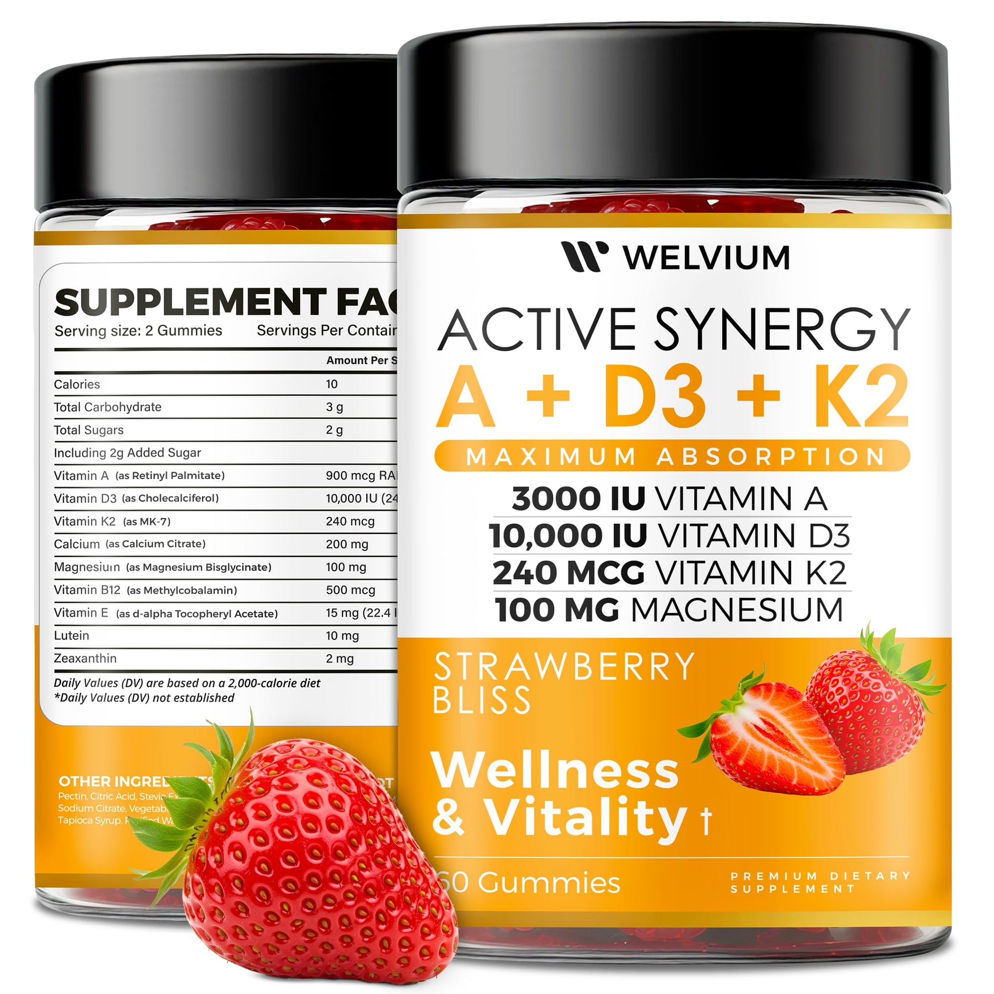 WELVIUM Vitamin D3 K2 Gummies 10000 IU with Magnesium Glycinate, Calcium, B12, K2 MK-7, Vitamins A, E, Lutein, Zeaxanthin - ADK Chewable Supplement for Bone, Eye, Immune Support - D3K2 Gummies WELVIUM uk supplements