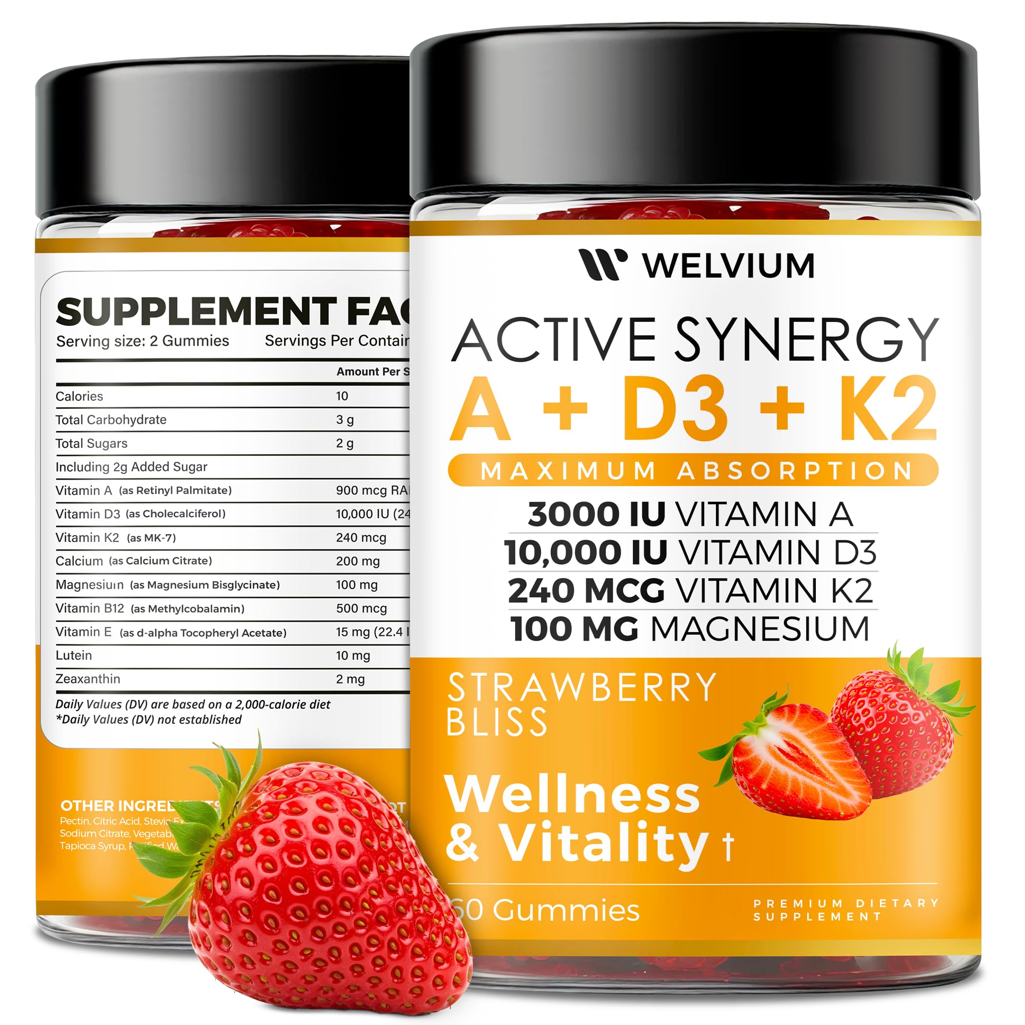 WELVIUM Vitamin D3 K2 Gummies 10000 IU with Magnesium Glycinate, Calcium, B12, K2 MK-7, Vitamins A, E, Lutein, Zeaxanthin - ADK Chewable Supplement for Bone, Eye, Immune Support - D3K2 Gummies WELVIUM uk supplements