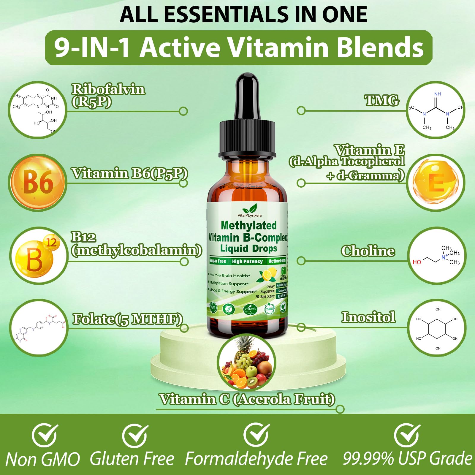 Methylated B Complex Liquid Drop Complete 9-in-1 Methyl B Vitamins w. B12 Methylfolate Inositol Choline TMG Vitamin C E, Super B-Complex Methylated for MTHFR Support, Energy Mood Nerve & Brain Health1 Vita PLynxera uk supplements