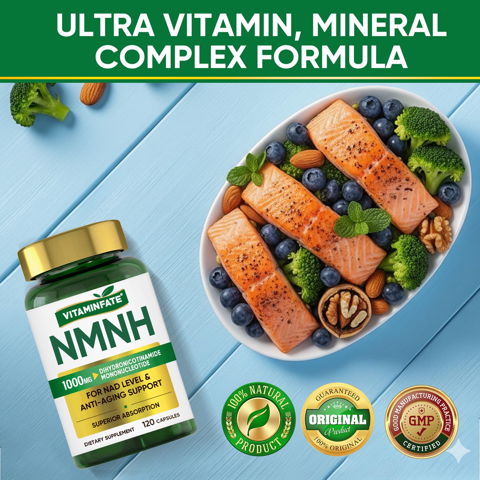 VITAMINFATE NMNH Supplement 1000 mg - 120 Capsules | NMN Alternative | Supports Anti-Aging, Cellular Energy and Repair, Metabolism & Brain Boost VITAMINFATE uk supplements