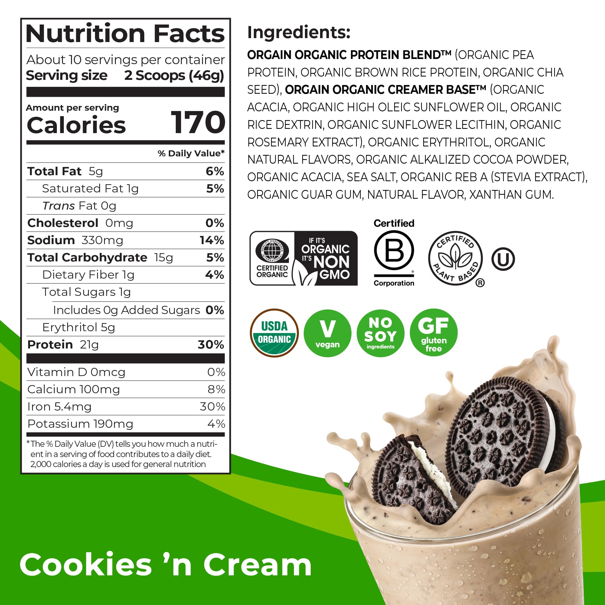 Orgain Organic Vegan Protein Powder, Cookies and Cream - 21g Plant Based Protein Orgain uk supplements