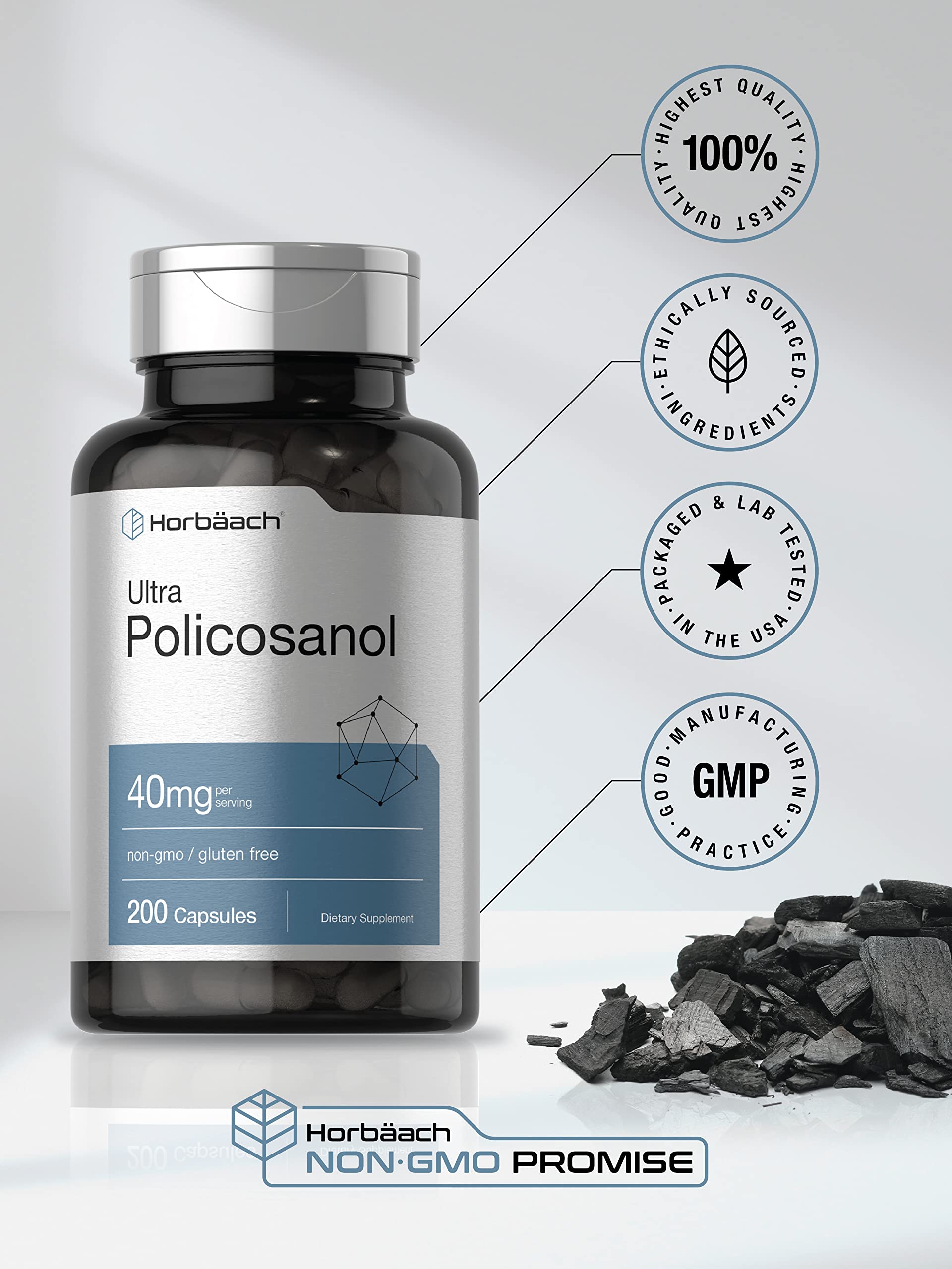 Policosanol 40mg | 200 Capsules | Non-GMO and Gluten Free | by Horbaach Horbäach uk supplements