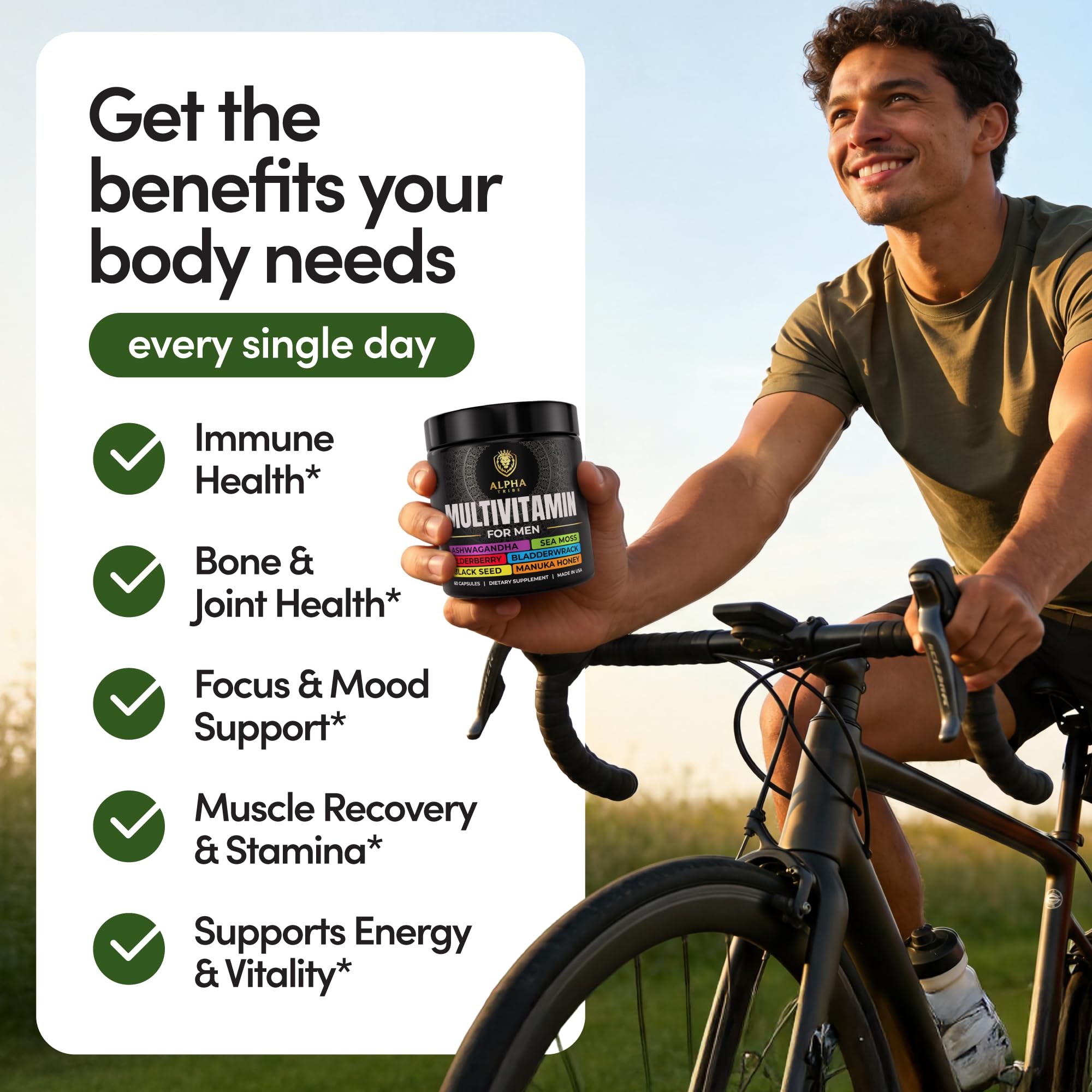 Alpha Tribe Multivitamin for Men with Seamoss Black Seed Oil Ashwagandha Burdock Root, Turmeric Bladderwrack, Vitamin C, Elderberry, Manuka, Yellow Dock | Daily Men's Vitamins and Minerals Supplement Alpha Tribe uk supplements