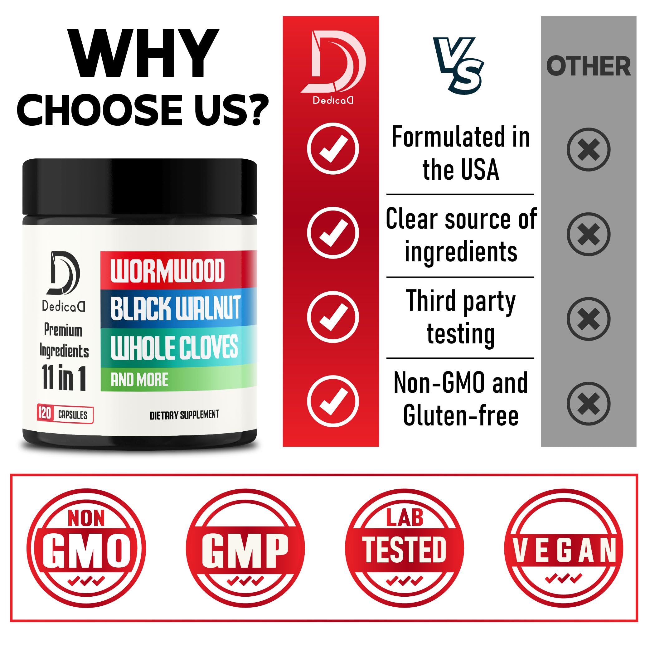 DEDICAD Wormwood Supplement - 120 Capsules Extracted from Black Walnut, Cloves, Turmeric, Apple, Berberine HCl & More - 11 Ingredients Combined for Immune System - 2-Month Supply DEDICAD uk supplements