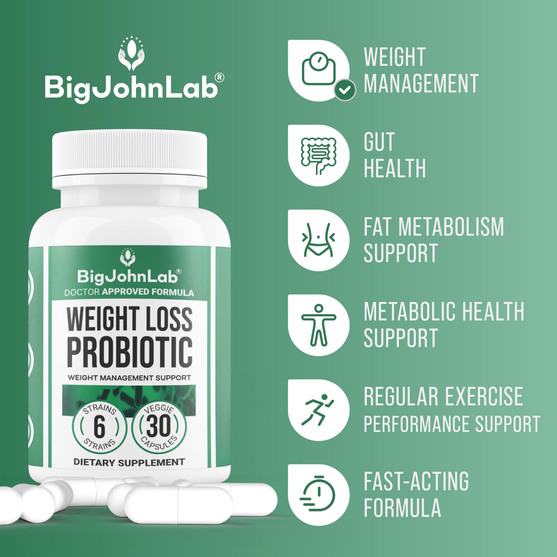 BIGJOHNLAB® - Probiotics for Weight Management & Bloating - 6 Probiotic Strains - Prebiotics - Key Ingredient Cayenne & Green Tea - Supports Gut Health - Weight Management for Women & Men - 30 CT BIGJOHNLAB uk supplements