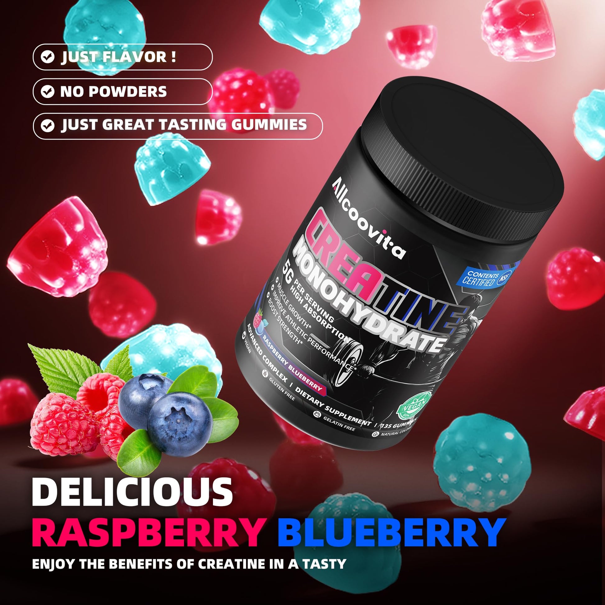 NSF Certified Creatine Gummy 5g - Creatine Monohydrate Gummies for Men & Women. Boost Focus,Strength, and Endurance, Anti-Melting Formula, Vegan, Gluten-Free, Non-GMO,(Raspberry & Blueberry 135 ct) Allcoovita uk supplements