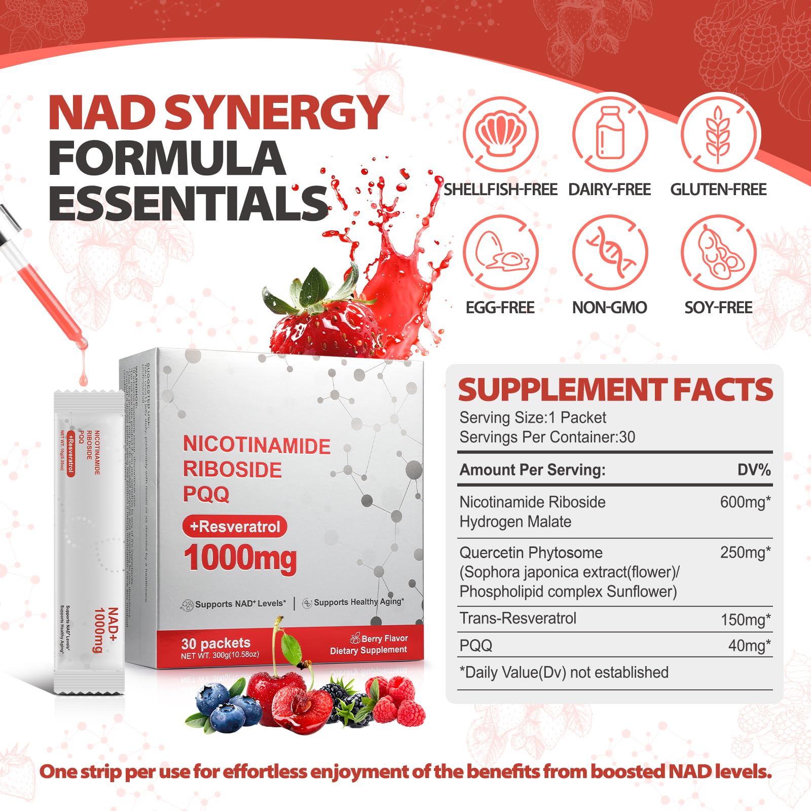 Zooone NAD+ Liquid Supplement 1000mg, Nicotinamide Riboside & Resveratrol, Extra Strength Berry Flavor Drink Mix for Energy, Focus & Anti-Aging -30 Pack Zooone uk supplements