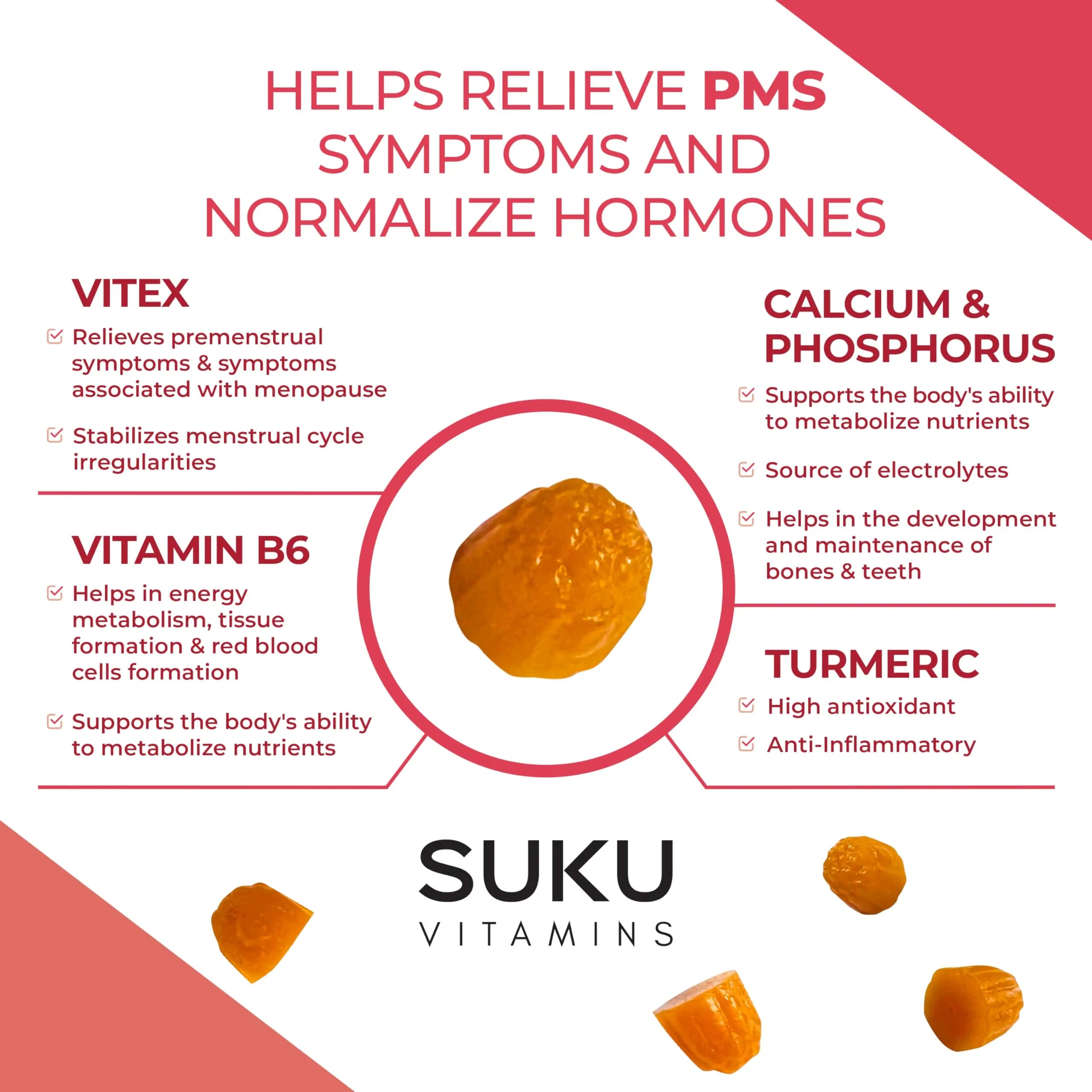 SUKU Vitamins - PMS Gummy Supplement with Chasteberry to Relieve PMS and Menopause Peach Mango Gummies (50 Count) SUKU uk supplements