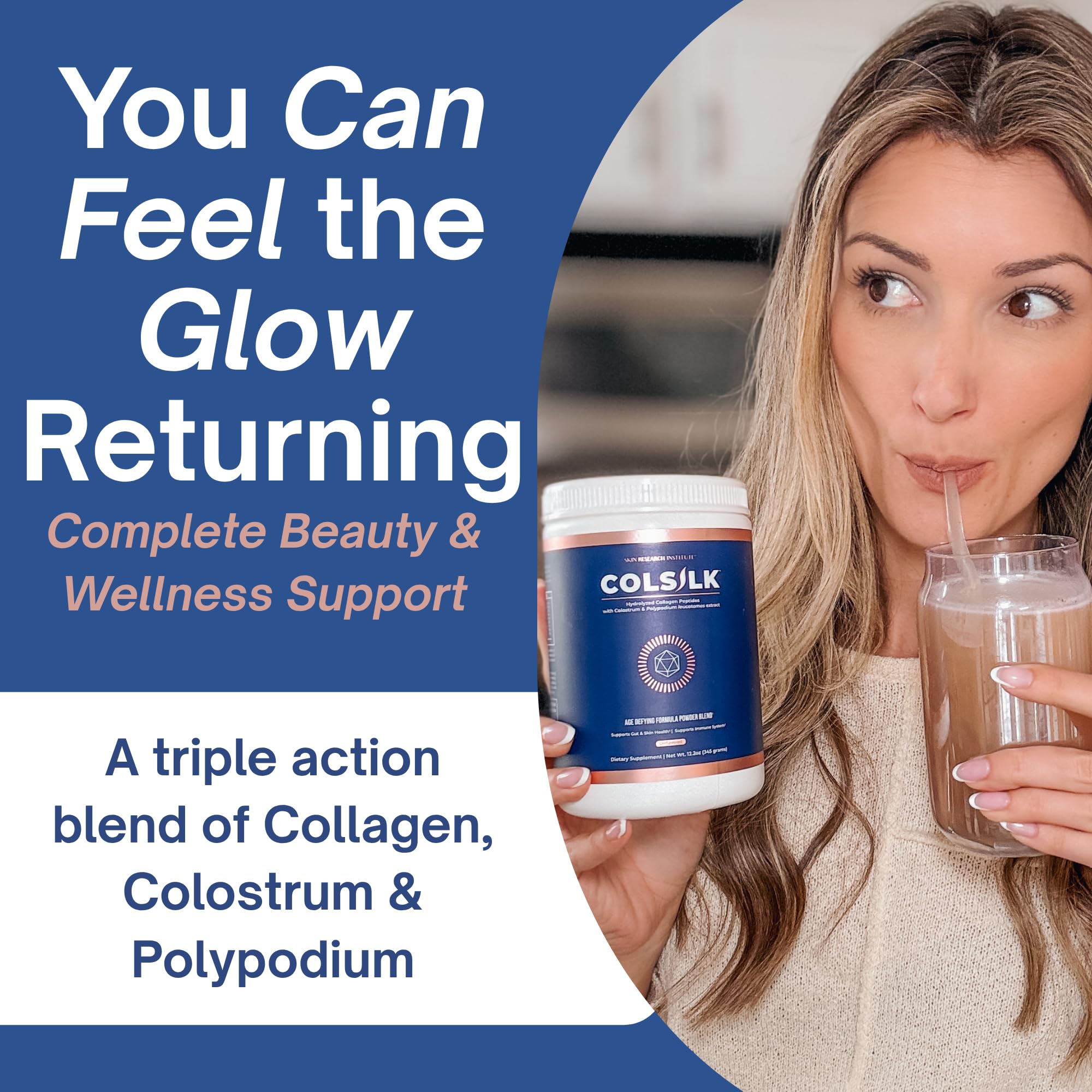 SRILabs ColSilk Unflavored Hydrolyzed Collagen Powder with Colostrum and Polypodium - Skin, Hair, Nails, Gut Health and Joint Support - One Scoop Daily | 1 Month Supply Skin Research Institute uk supplements