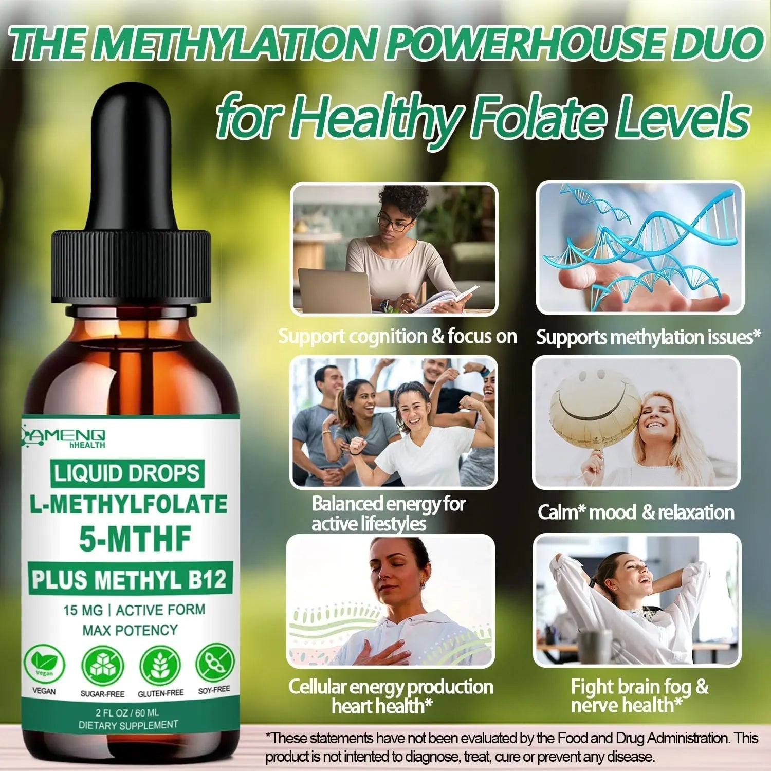Methylfolate Supplement Liquid Drops, L Methy Folate 15mg Plus Methy B12, B6, B2 Multivitamin, Metabolically Active 5-MTHF Form AMENQ hHEALTH uk supplements