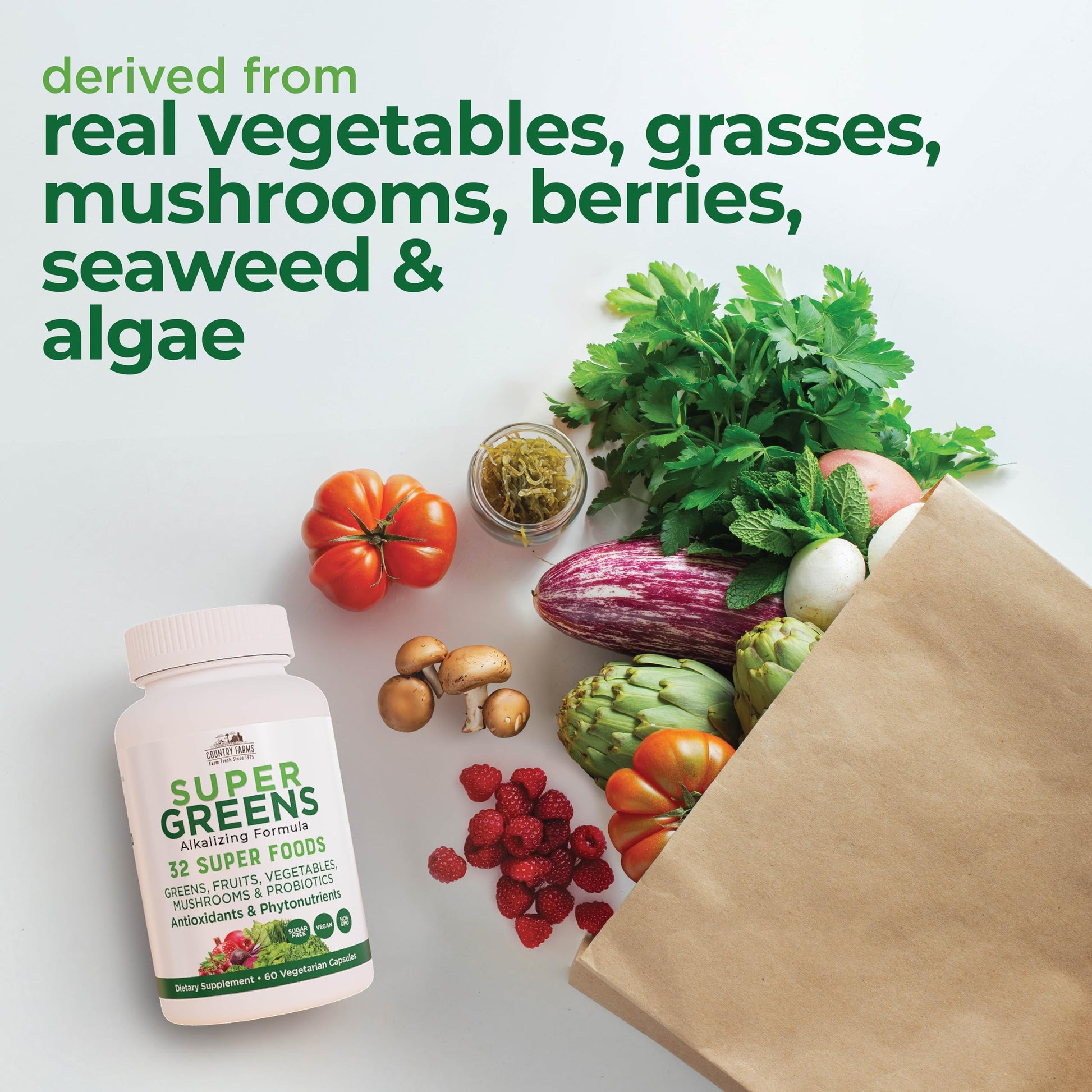 Country Farms Super Greens Vegicaps, 32 Super Foods, Whole Food Supplement, Greens, Fruit, Vegetables, Mushrooms & Probiotics, Rich in Antioxidants & Phytonutrients, 60 Count, 30 Servings Country Farms uk supplements