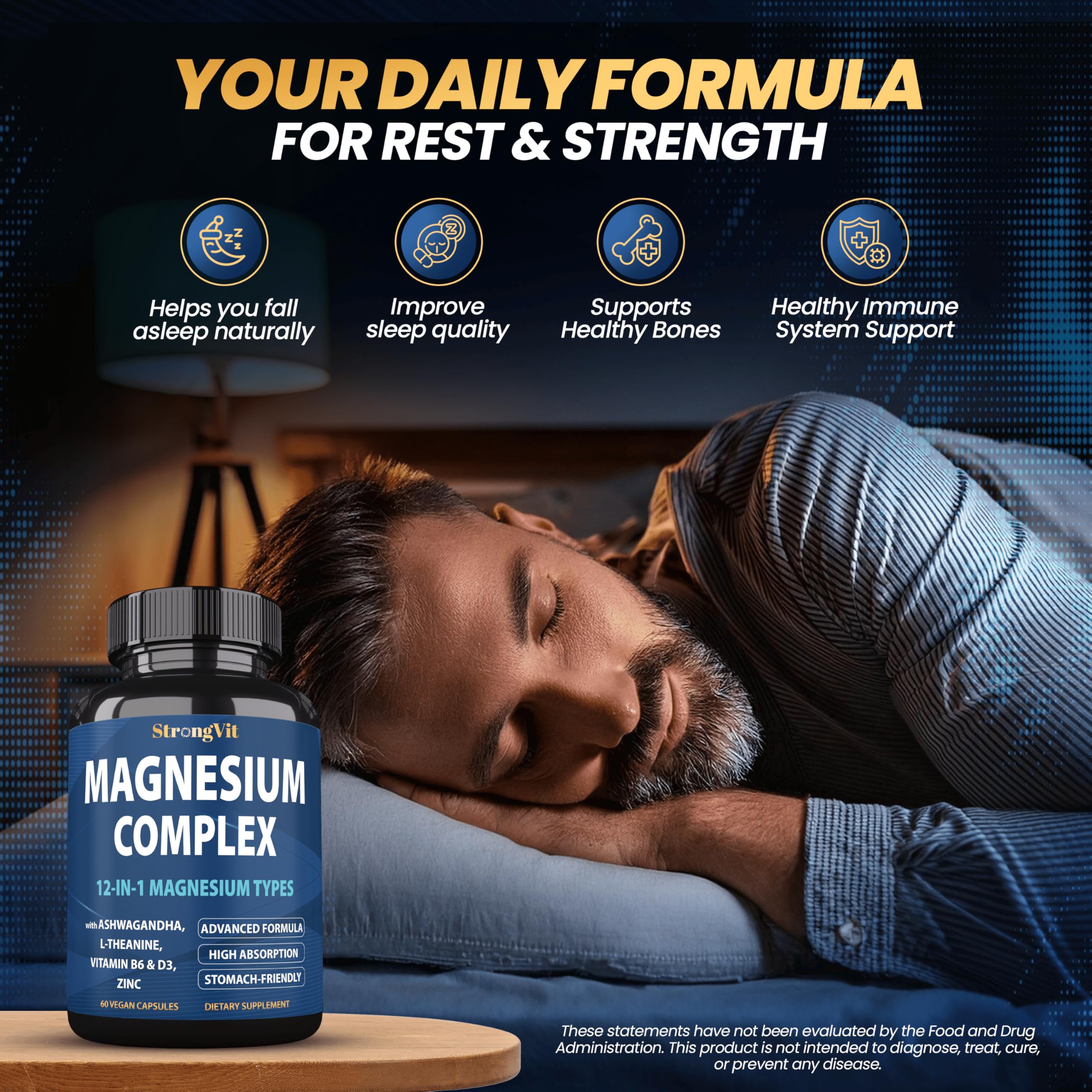 1000mg Magnesium Complex for Women and Men, 12 in 1 Magnesium Supplement with Ashwagandha, Zinc, D3, L-theanine. Easy to Swallow, High Absorption, Sleep Support & Stress Relief (60 Capsules) StrongVit uk supplements