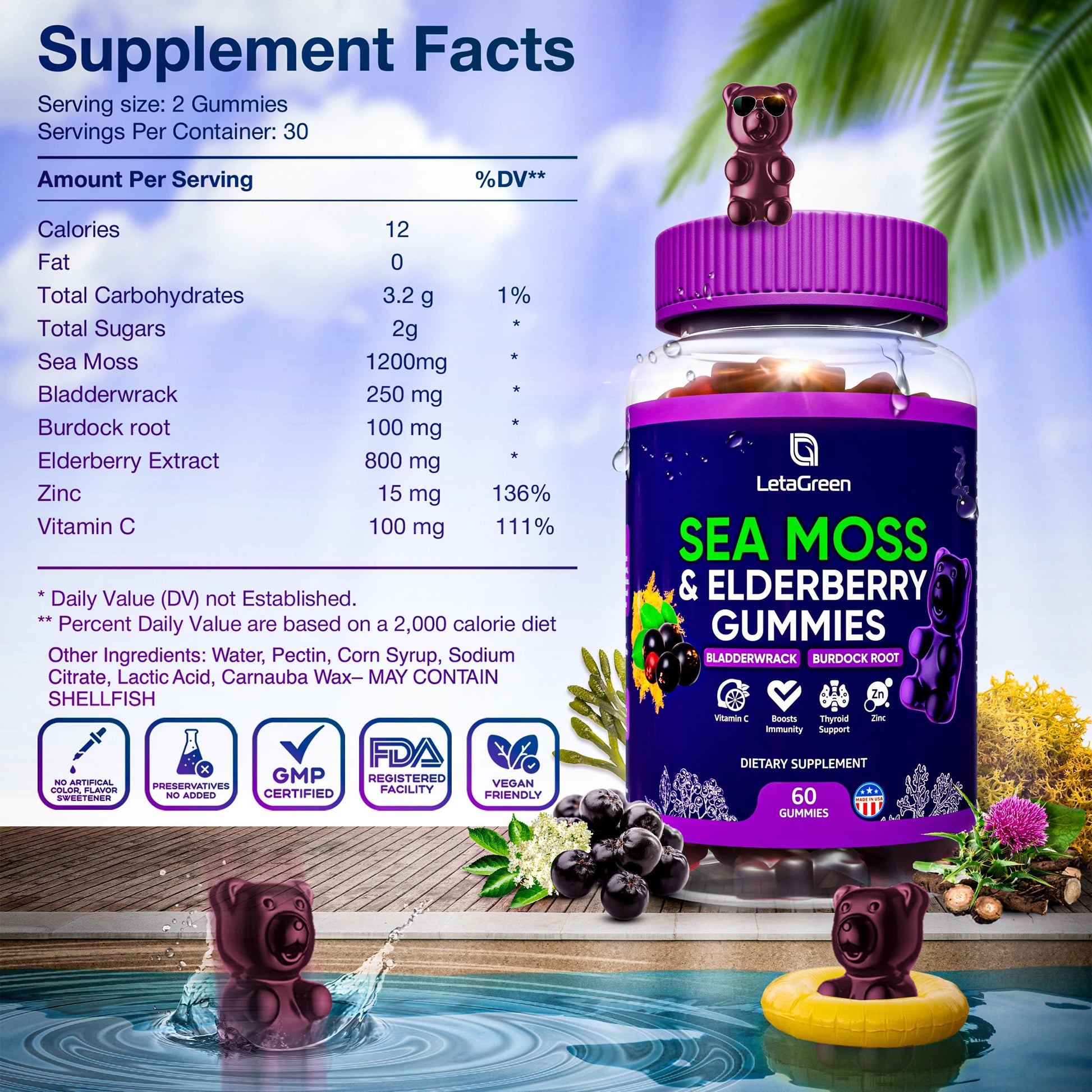 LetaGreen Irish Sea Moss Gummies - 60 Vegan Seamoss Gummies Bears LetaGreen uk supplements