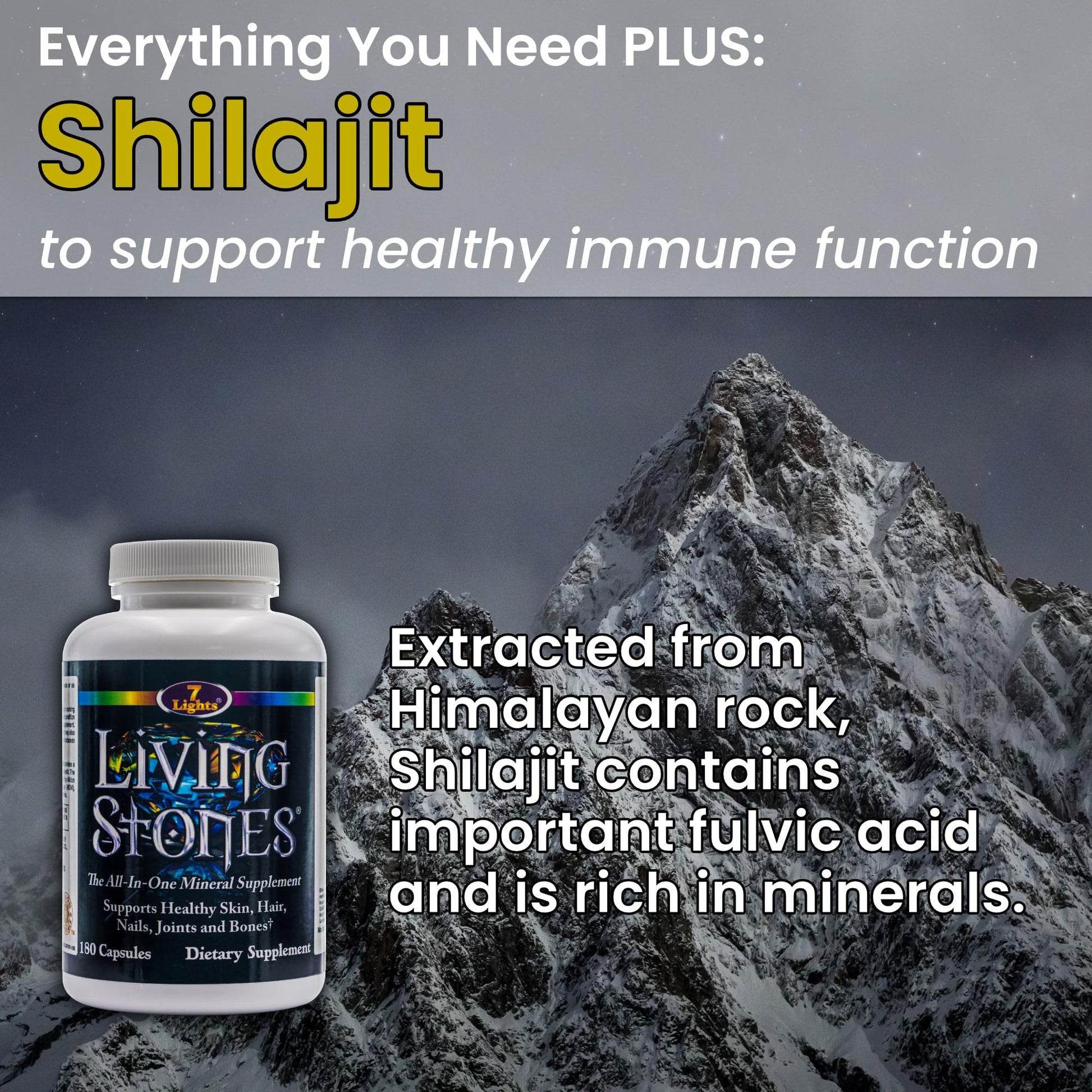 Living Stones, Complete Mineral Supplement with Zinc, Calcium, Magnesium, Selenium, Trace Minerals, No Added Iron, with MSM (Organic Sulfur) and Shilajit, Premium Absorption (30-Day Supply - 180 Caps) 7 Lights uk supplements