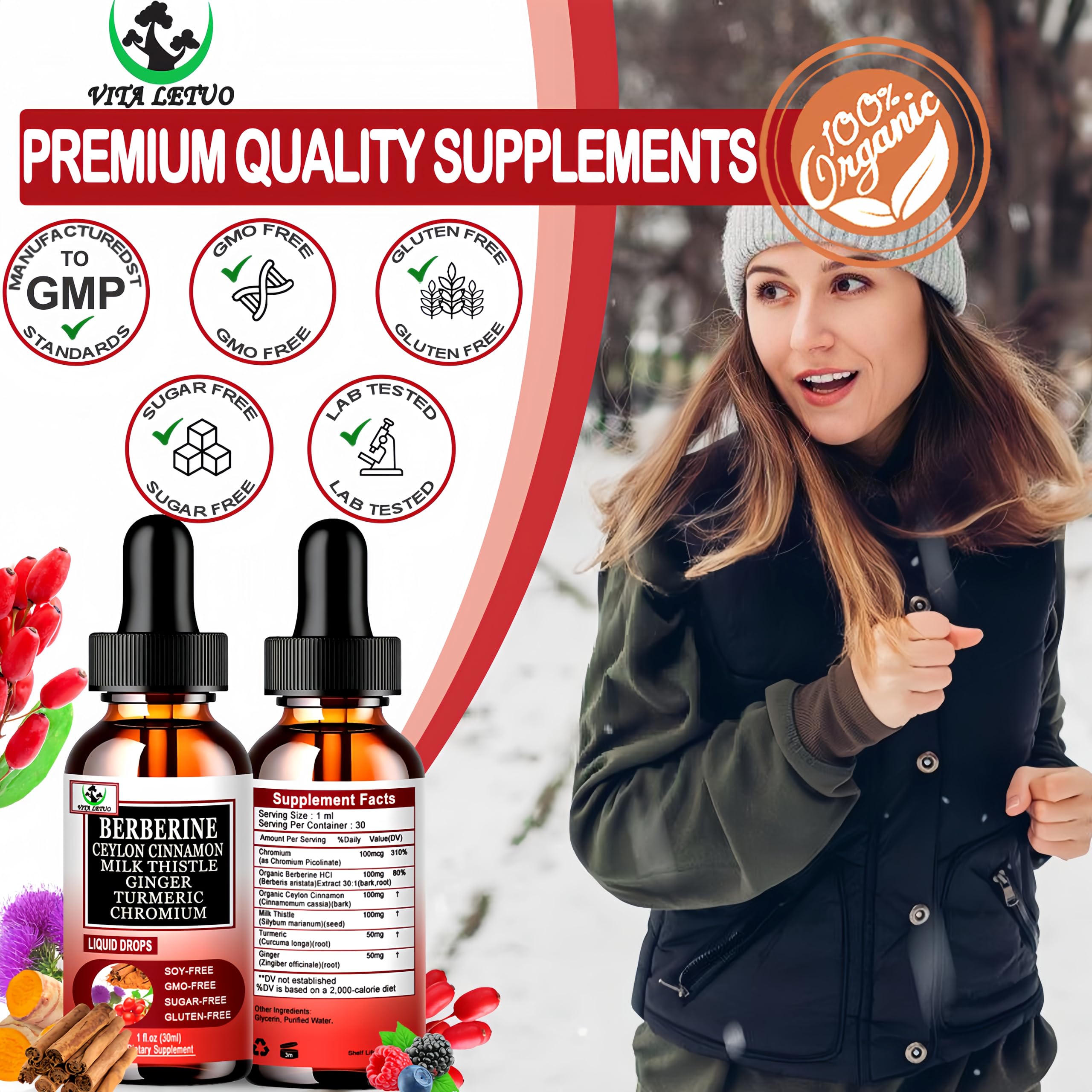 Berberine Drops, High Absorption 6-in-1 Liquid Berberine Supplement with Ceylon Cinnamon Milk Thistle Turmeric, Premium Berberine HCl for Immune Function Metabolic & Digestive Support, 30 Servings Vita letuo uk supplements