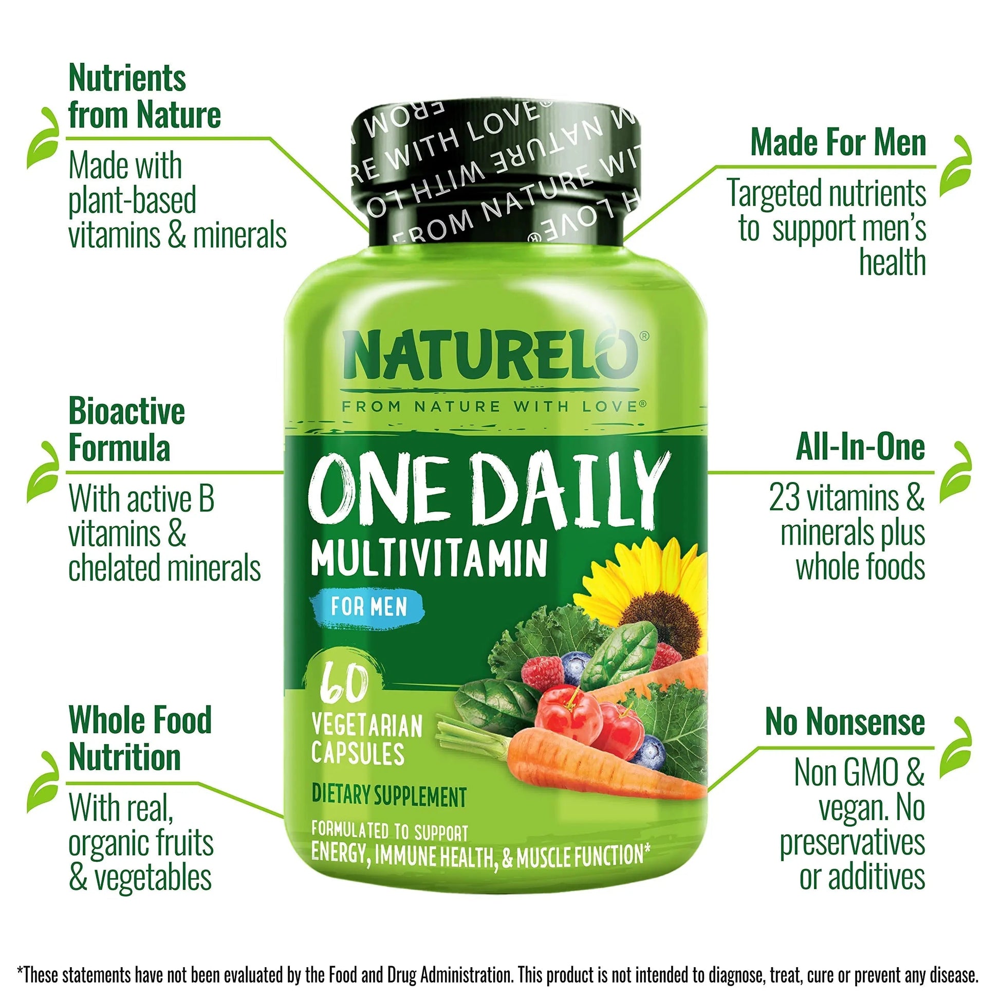 NATURELO One Daily Multivitamin for Men with Vitamins, Minerals & Organic Whole Foods - 60 Capsules and Magnesium Glycinate Chelate Complex NATURELO uk supplements