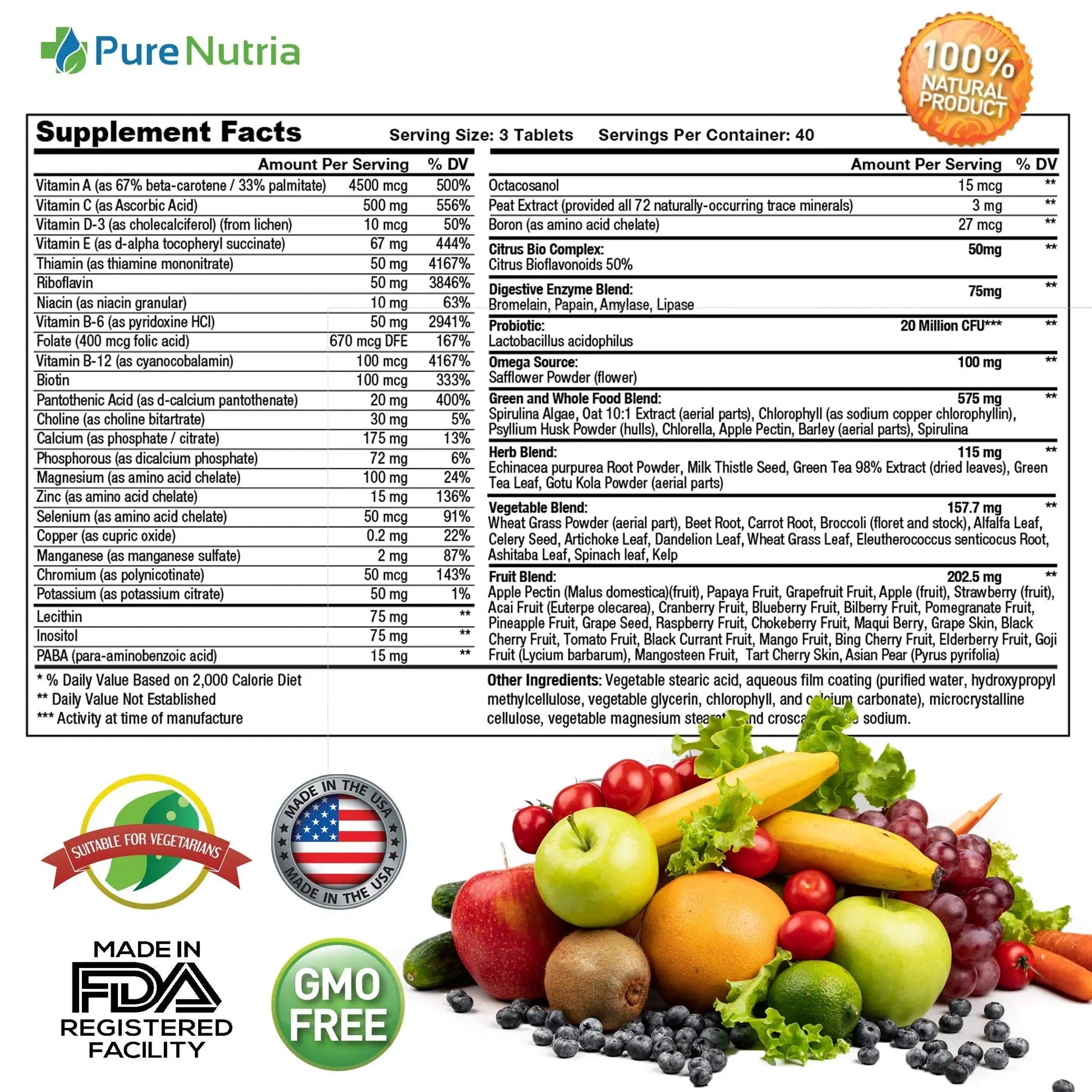 Whole Food MultiVitamin and Minerals with Probiotic Enzymes - 120 Multivitamins for Women and Men - Packed with WholeFood and Herbal Ingredients PureNutria uk supplements