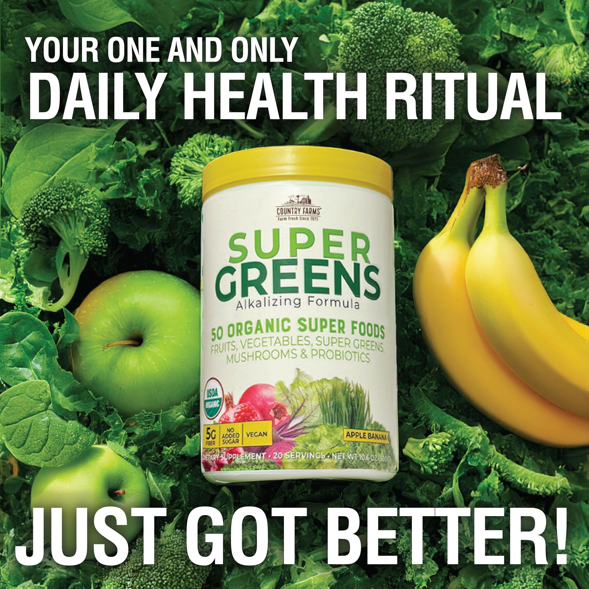 Country Farms Super Greens Apple Banana Powder Smoothie, Organic Super Foods, USDA Organic Drink Mix, Fruits, Vegetables, Mushrooms, Superfood Nutrition, 40 Servings, 2 Pack Country Farms uk supplements