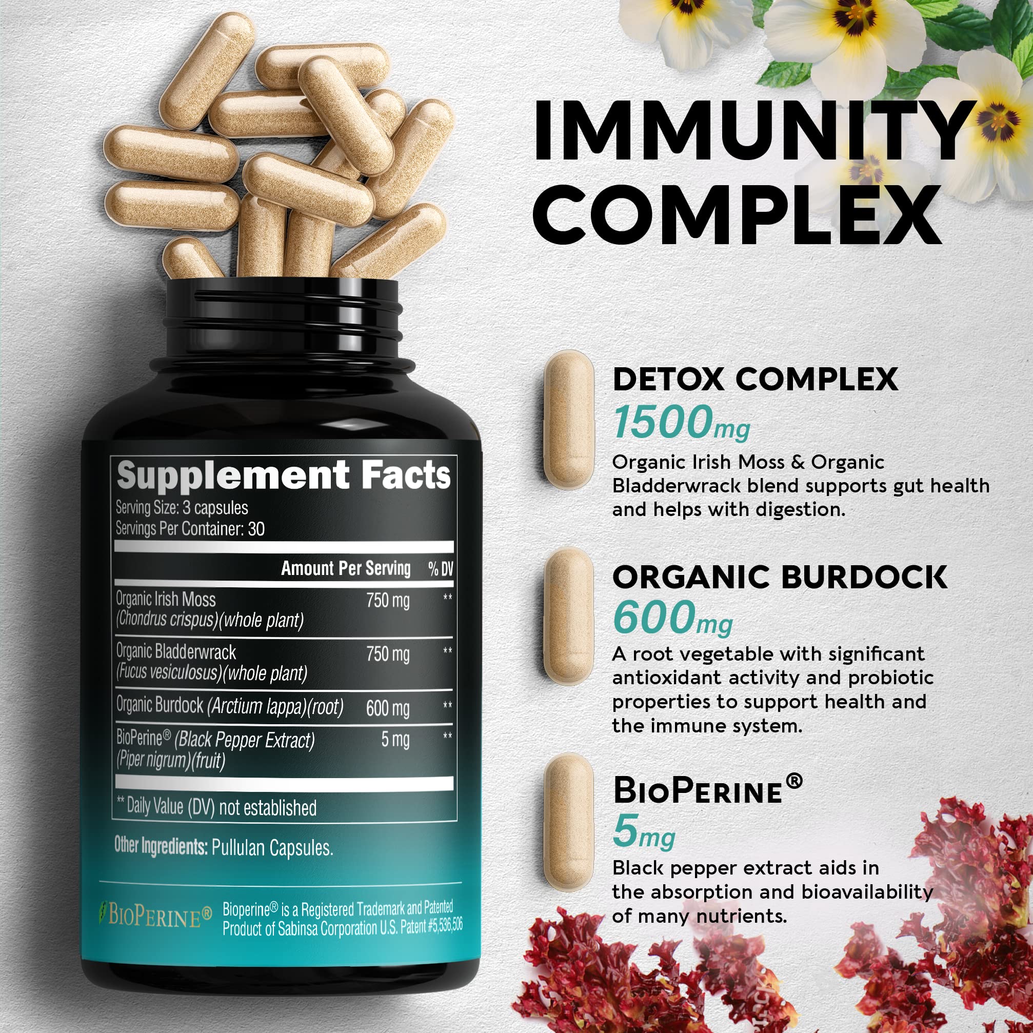 Irish Sea Moss Capsules - Made with Organic Sea Moss, Bladderwrack & Burdock Root - Made in USA - Advanced Superfood - Natural Multi Supplements Blend - Immunity & Energy Support - 90 Vegan Capsules NUTRAHARMONY uk supplements