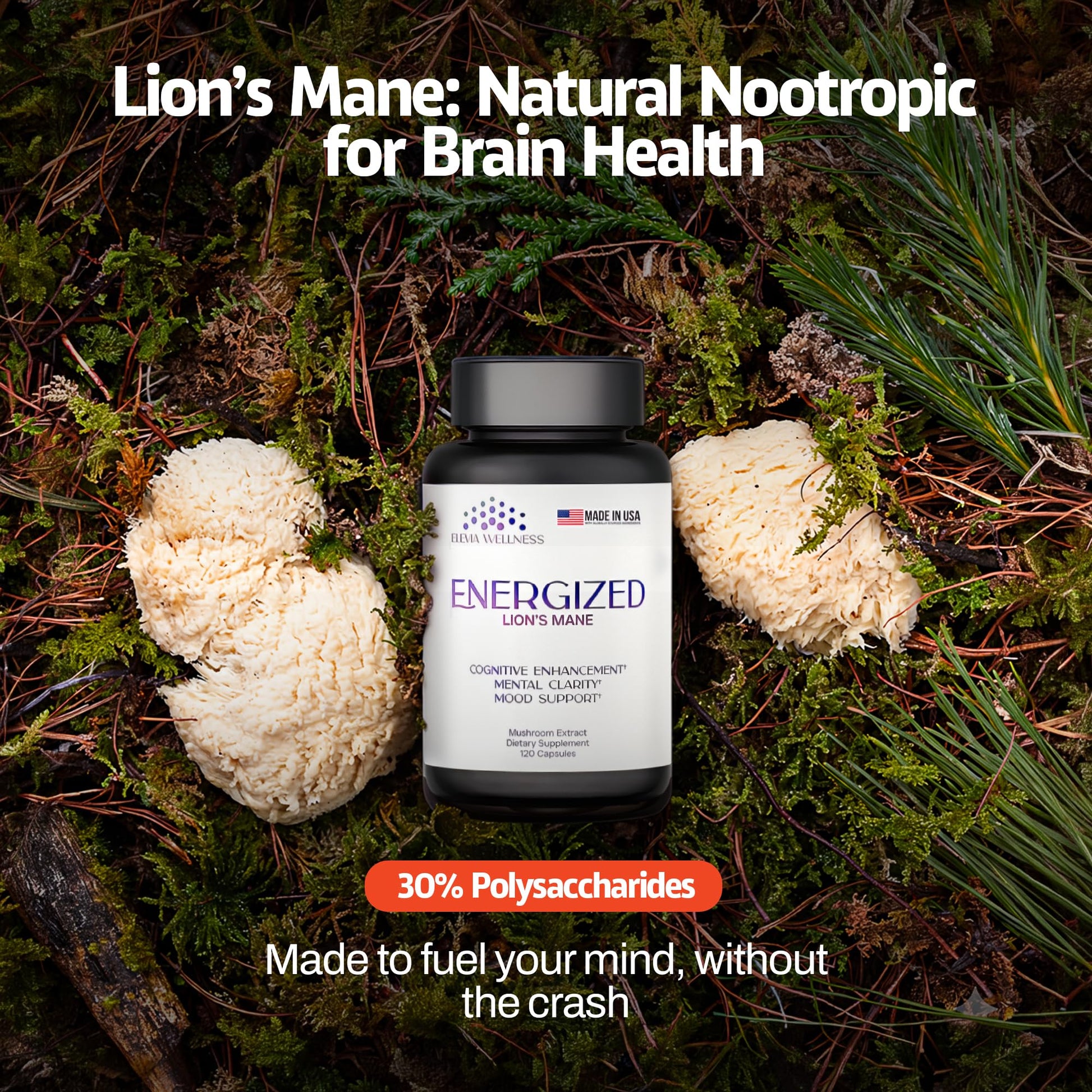 Energized Lions Mane Supplement Capsules (120ct),Brain Supplements for Memory and Focus, Nootropic for Brain Fog Relief Made in USA,30% Polysaccharides,Natural Brain Health Support Elevia Wellness uk supplements