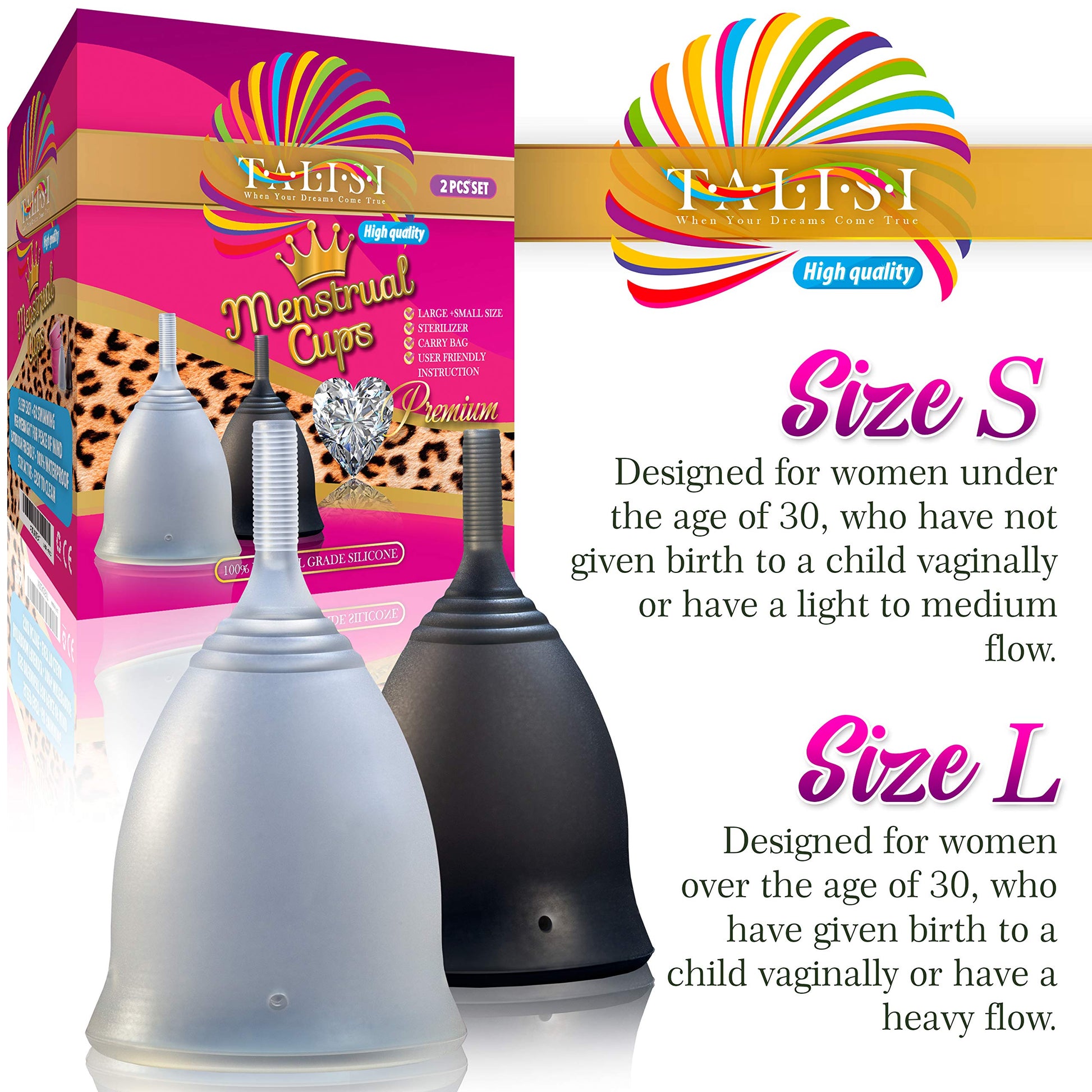 Talisi Soft Menstrual Cups Set of 2 - Reusable Period Cup for Women with Collapsible Case Holder Sterilizer TALISI WHEN YOUR DREAMS COME TRUE uk supplements
