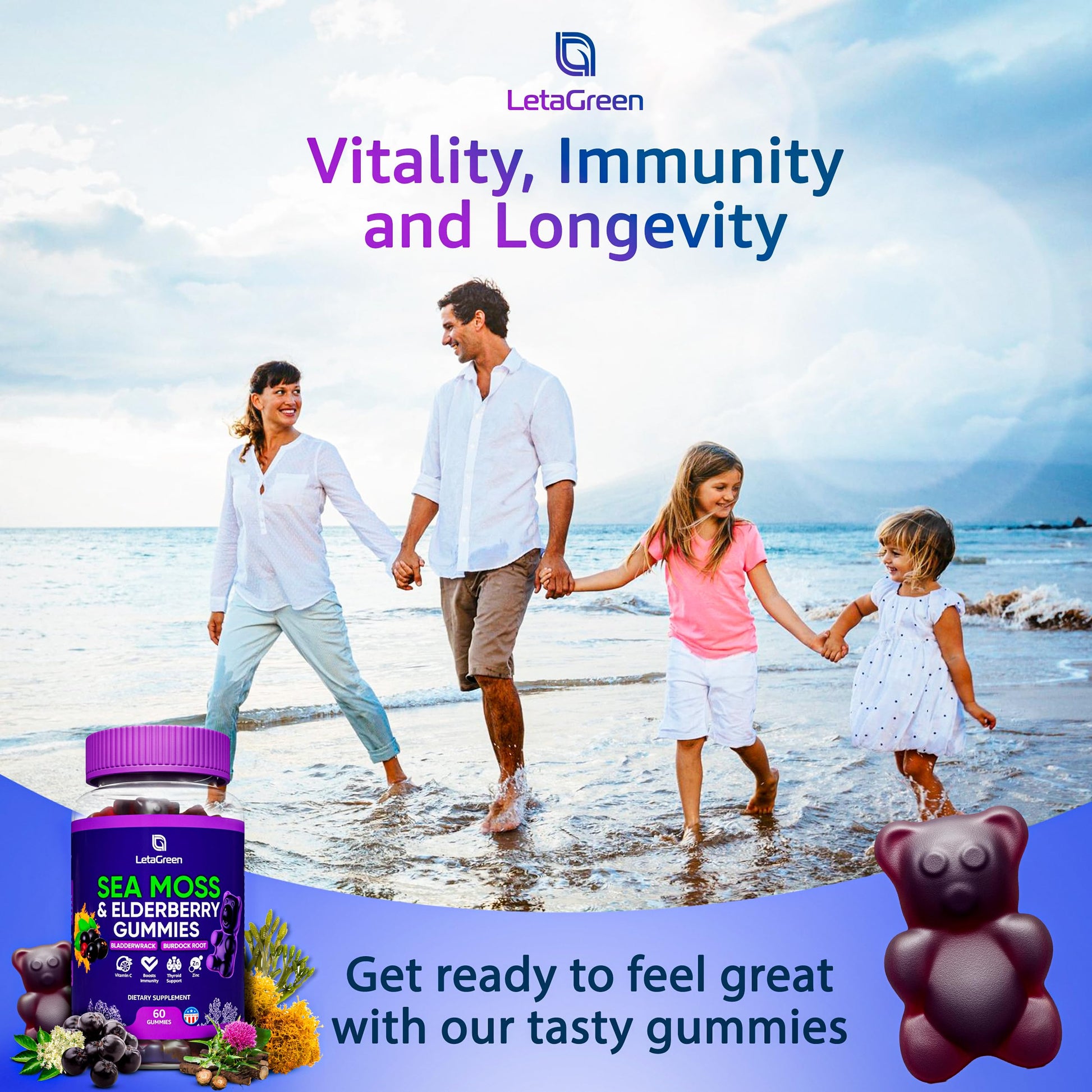 LetaGreen Irish Sea Moss Gummies - 60 Vegan Seamoss Gummies Bears LetaGreen uk supplements