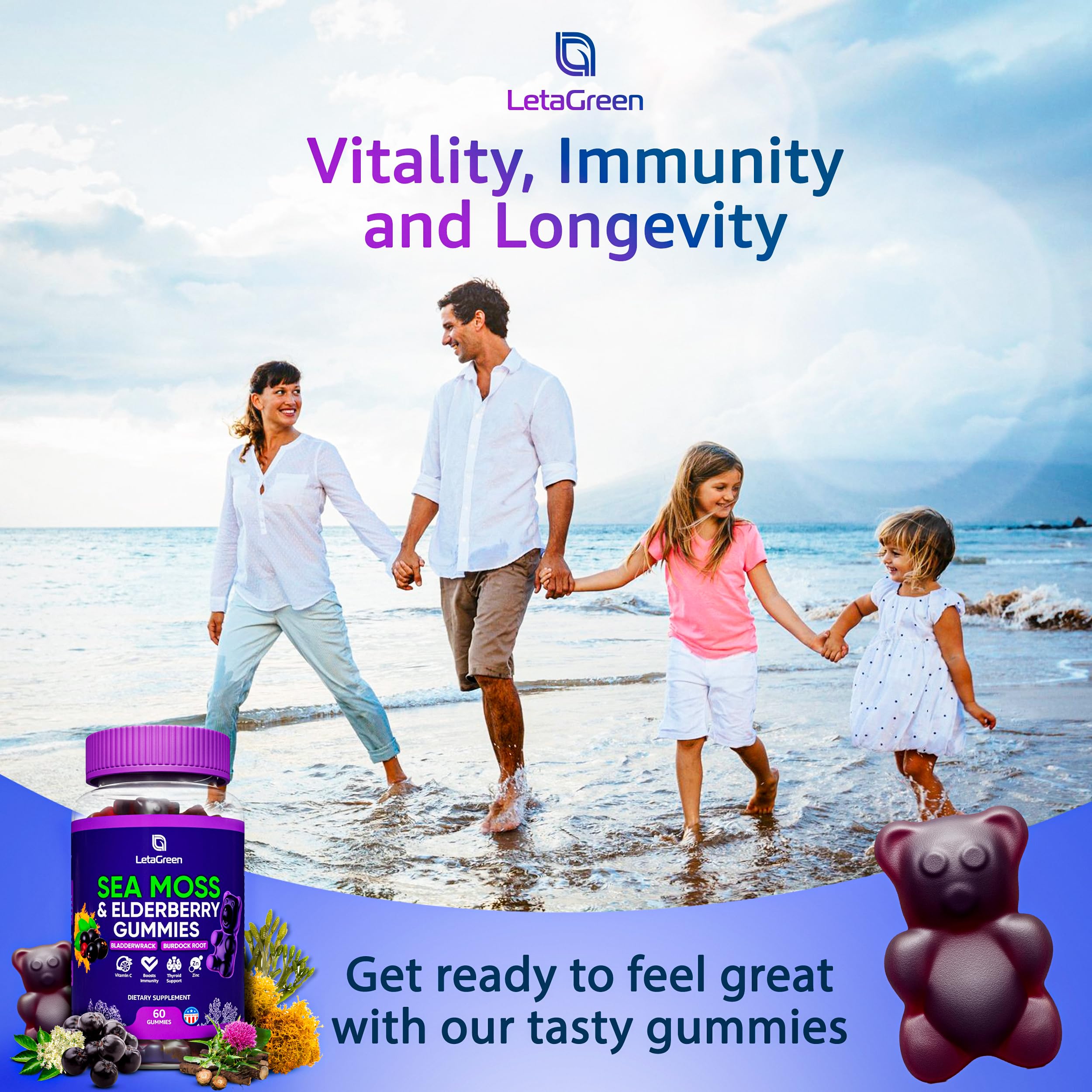 LetaGreen Irish Sea Moss Gummies - 60 Vegan Seamoss Gummies Bears LetaGreen uk supplements