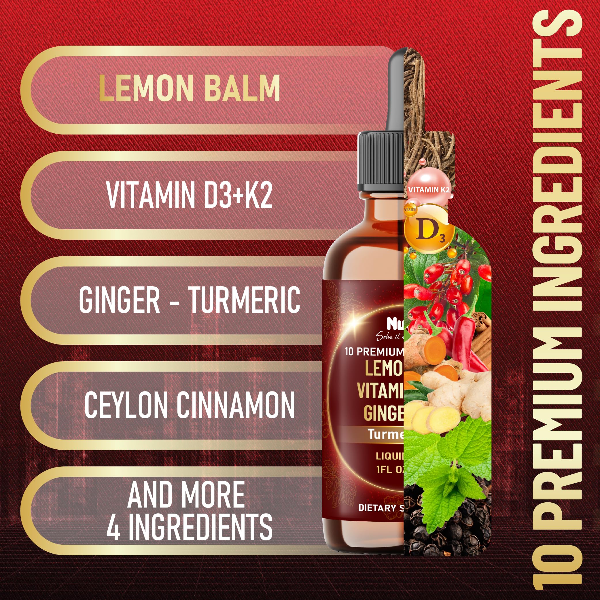 NUQIIT 10in1 Lemon Balm Tincture Blend Includes Vitamin D3, Vitamin K2, Lemon Balm, Ginger, Turmeric, Ceylon Cinnamon and More - 1 FL Oz - 60 Day Supply NUQIIT uk supplements