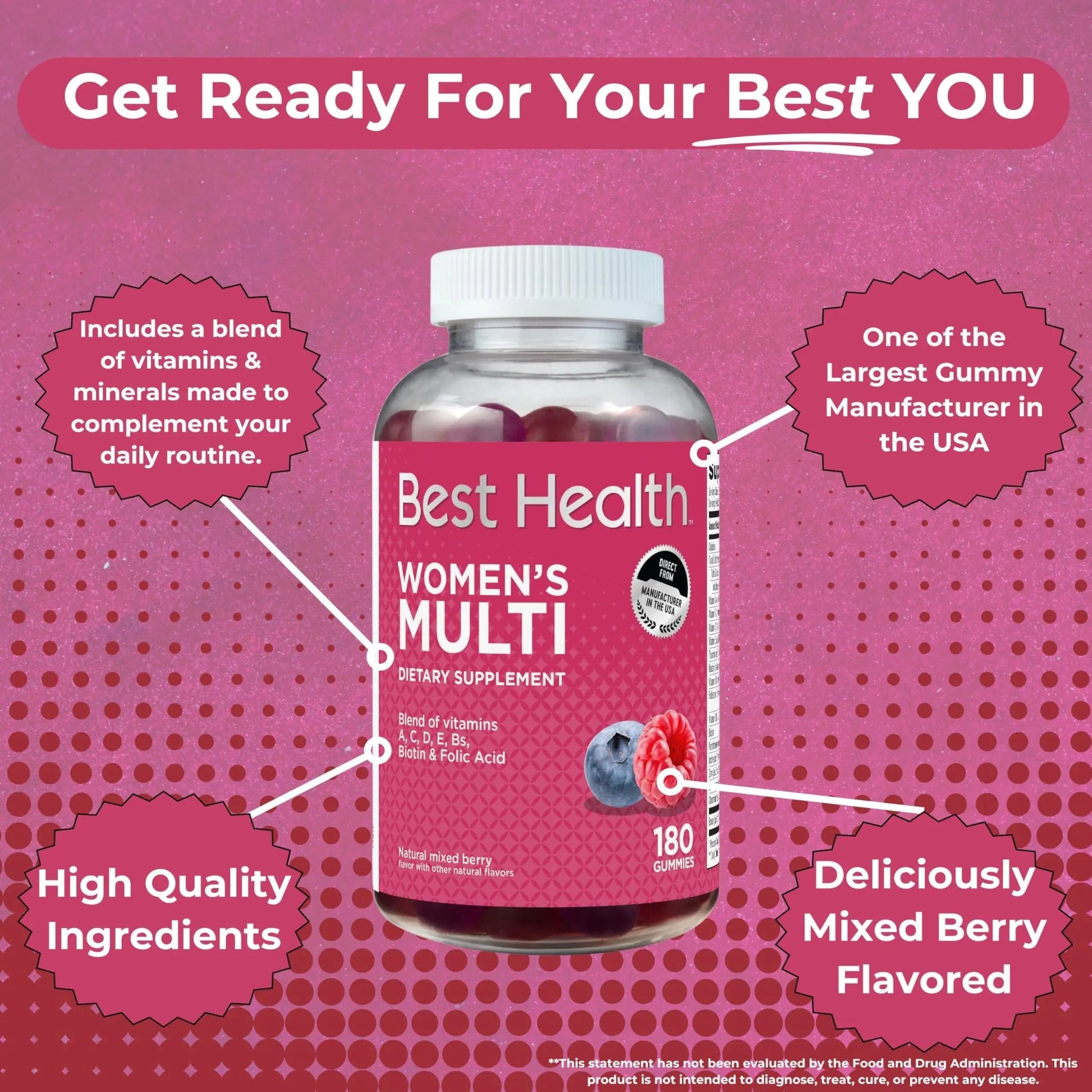 Best Health Women’s Multivitamin Gummies, Multivitamin for Women with Biotin, Folic Acid, Vitamins A,C,D,E,Natural Mixed Berry Flavor (180ct) Best Health uk supplements