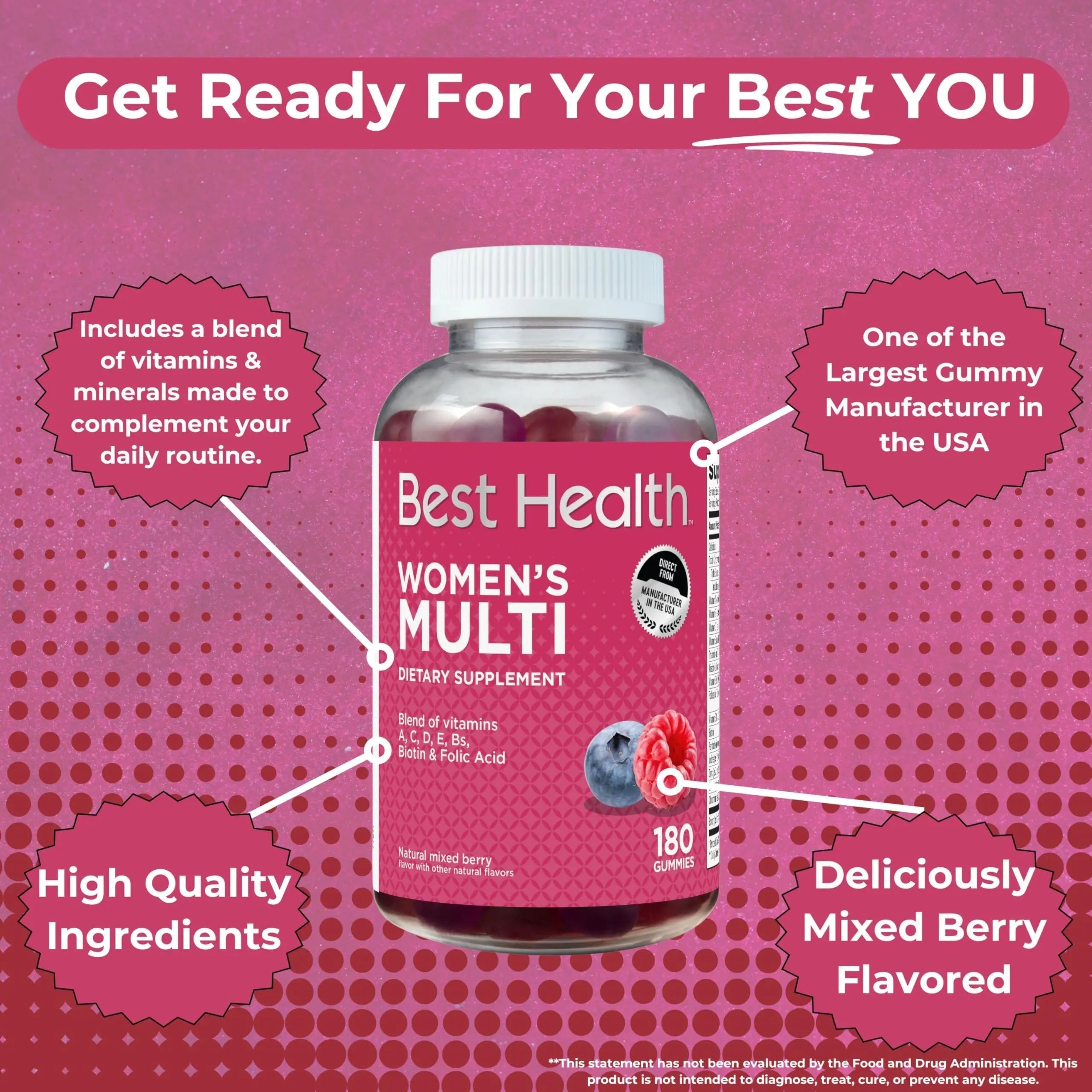Best Health Women’s Multivitamin Gummies, Multivitamin for Women with Biotin, Folic Acid, Vitamins A,C,D,E,Natural Mixed Berry Flavor (180ct) Best Health uk supplements