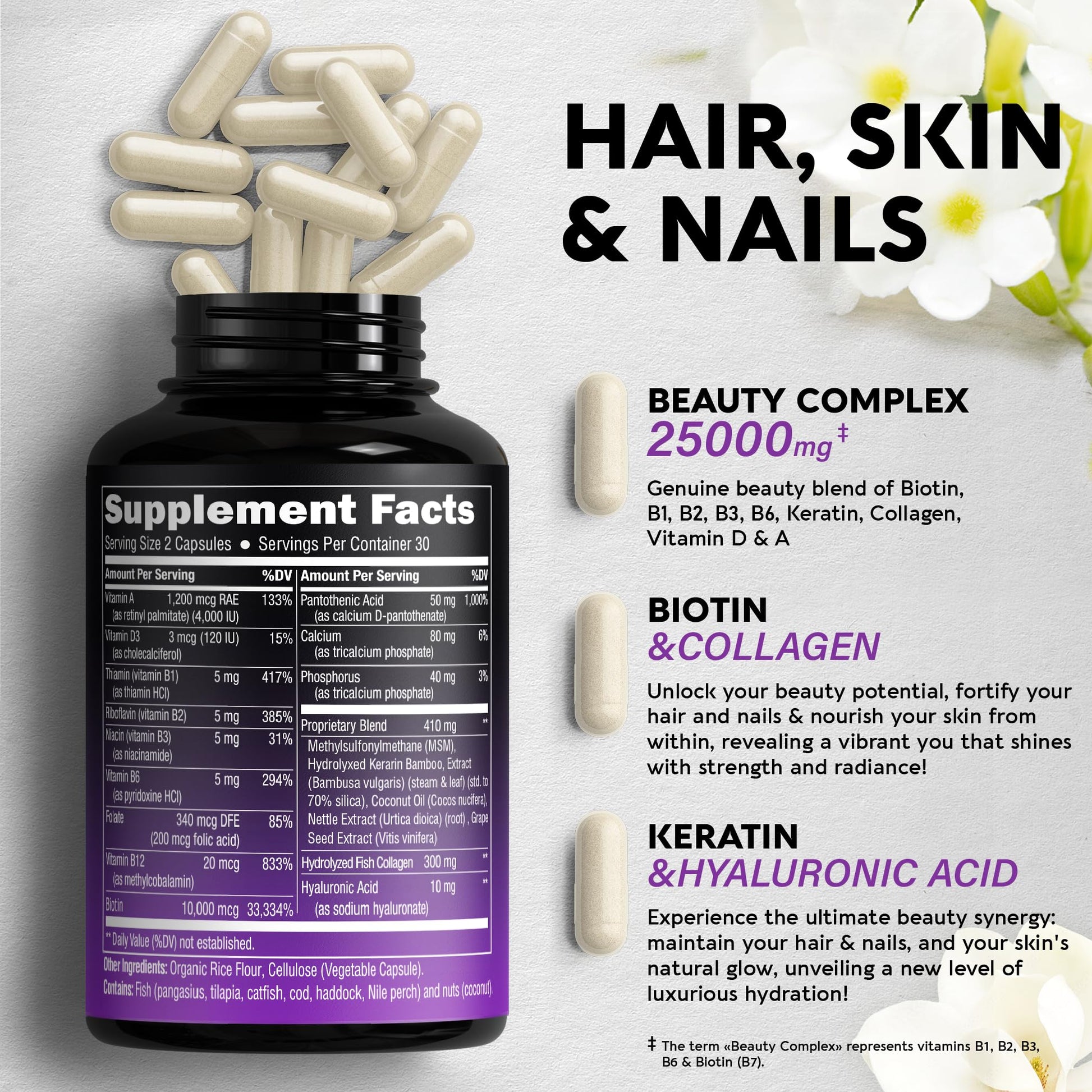 Biotin | Collagen | Keratin | Hyaluronic Acid - Hair Growth Support Pills, 25000 mcg NUTRAHARMONY uk supplements