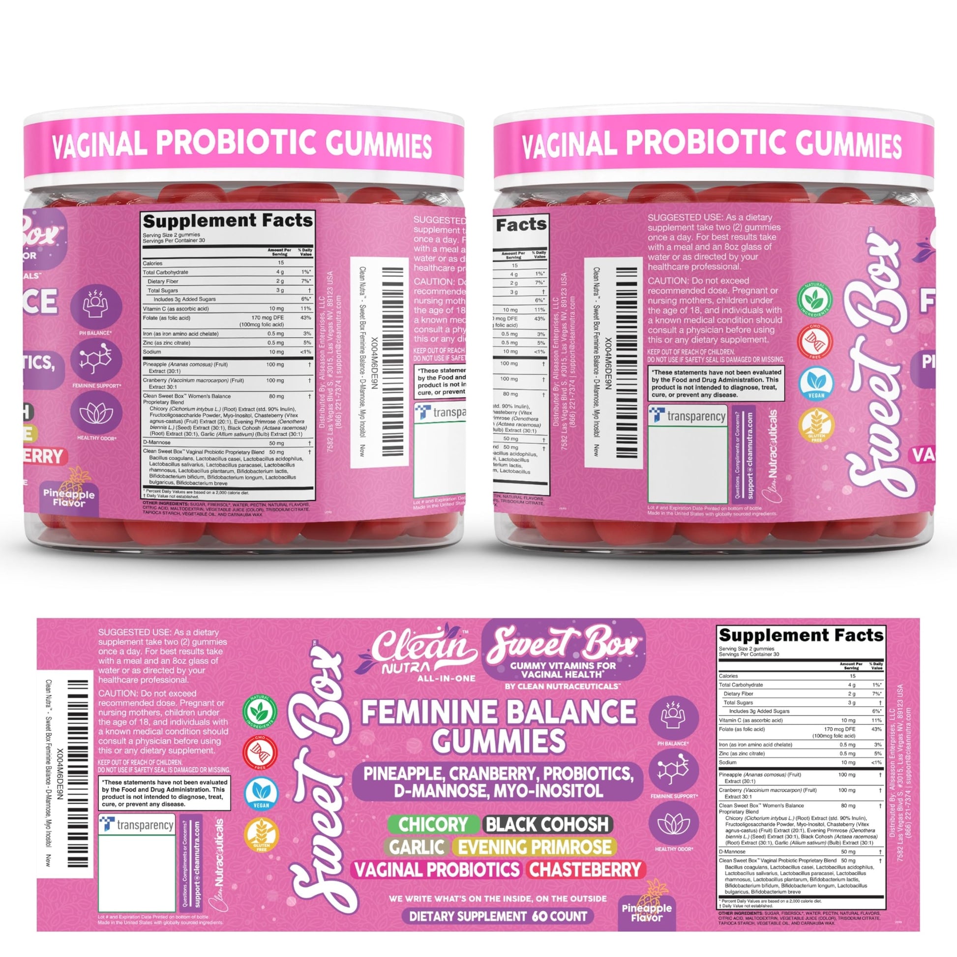 Clean Nutra Feminine Balance Gummies for Women Pineapple VaginalProbiotics pH Balance Cranberry D Mannose Supplement Inositol Black Cohosh Evening Primrose Garlic Vitex GLA Prebiotics Folate 60ct Clean Nutraceuticals uk supplements