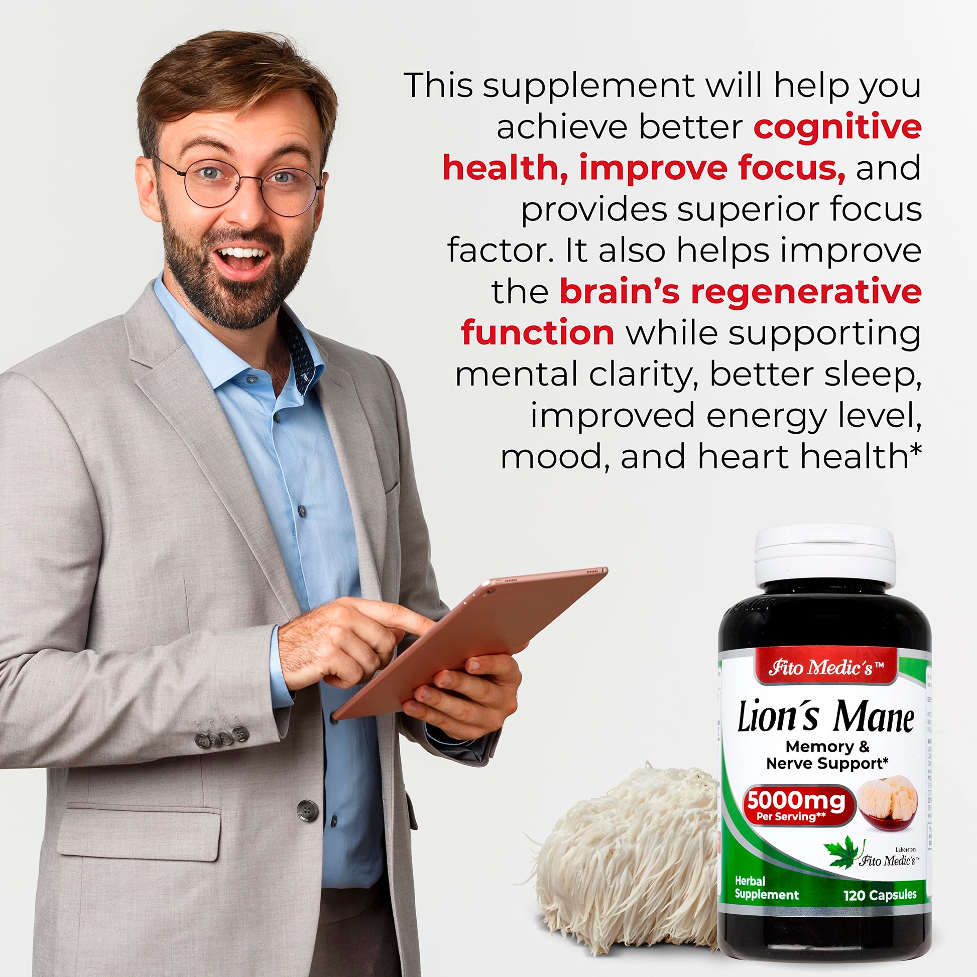 Lab | Lions Mane | 5000 mg per Serving | 120 Capsules | lions mane supplement | lions mane FITO MEDIC'S uk supplements