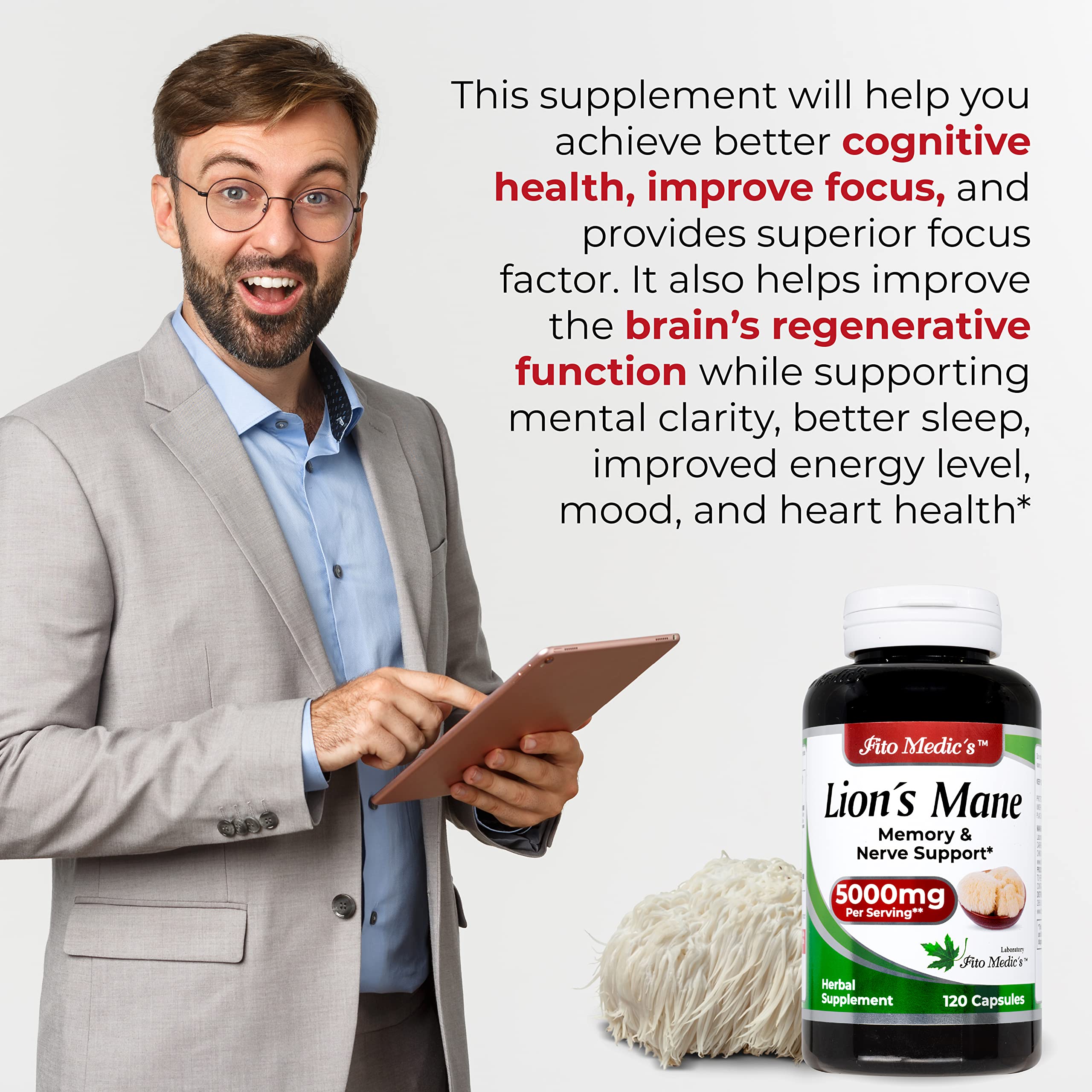 Lab | Lions Mane | 5000 mg per Serving | 120 Capsules | lions mane supplement | lions mane FITO MEDIC'S uk supplements