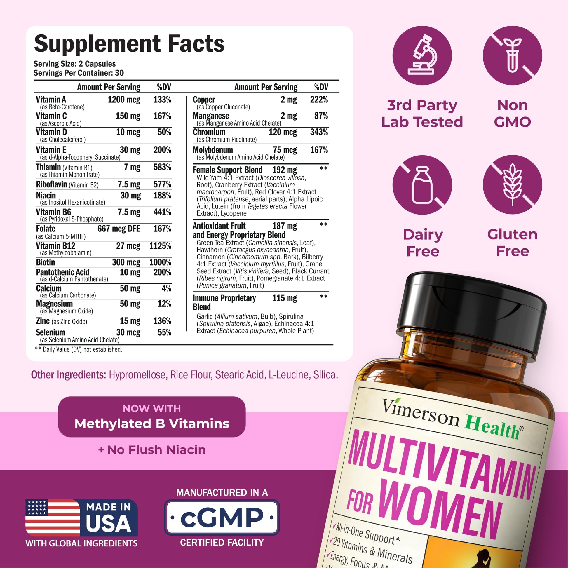 Multivitamin for Women – Methylated Womens Multivitamins & Multiminerals Capsules with Vitamin B12, A, D, C, Zinc, Magnesium Vimerson Health uk supplements