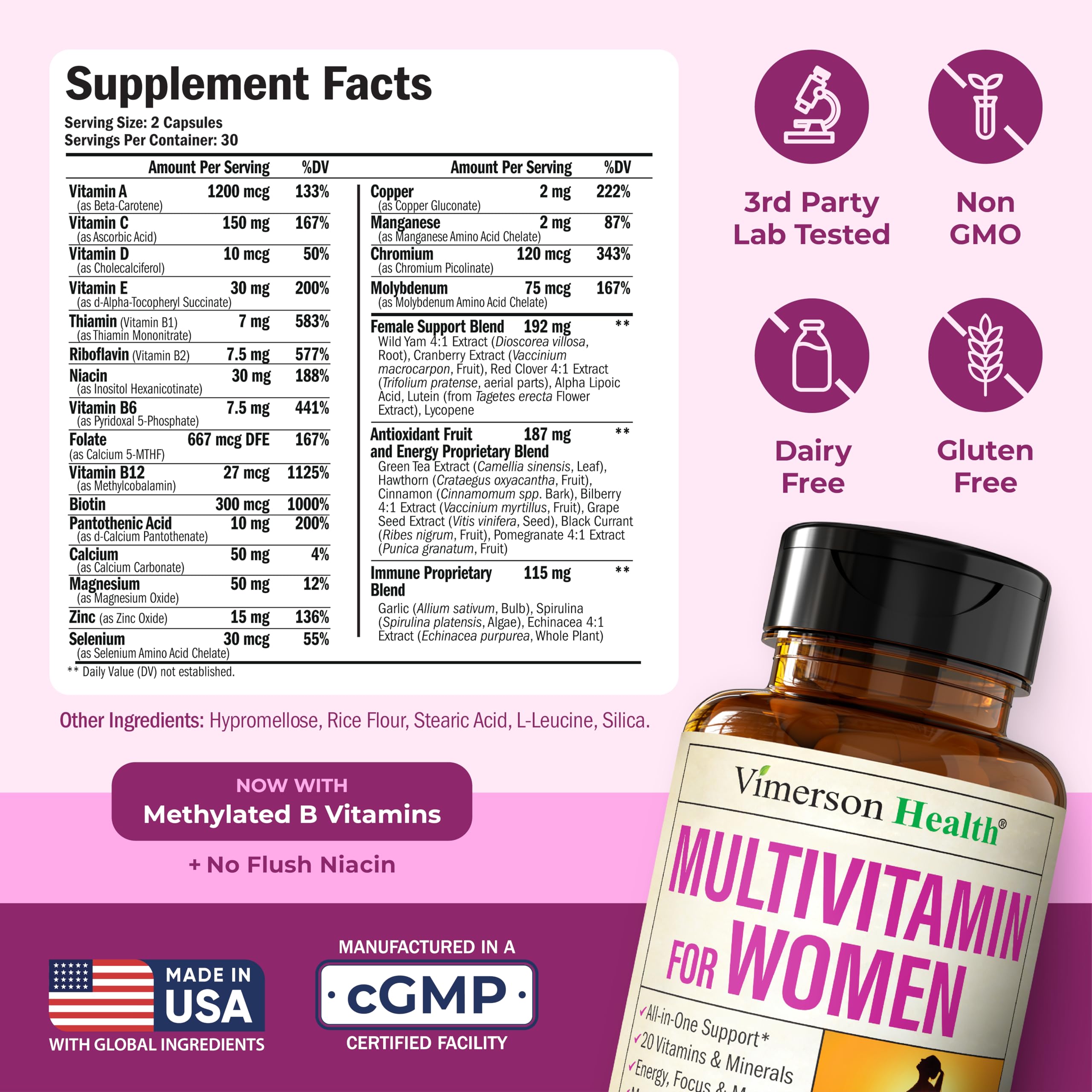 Multivitamin for Women – Methylated Womens Multivitamins & Multiminerals Capsules with Vitamin B12, A, D, C, Zinc, Magnesium Vimerson Health uk supplements
