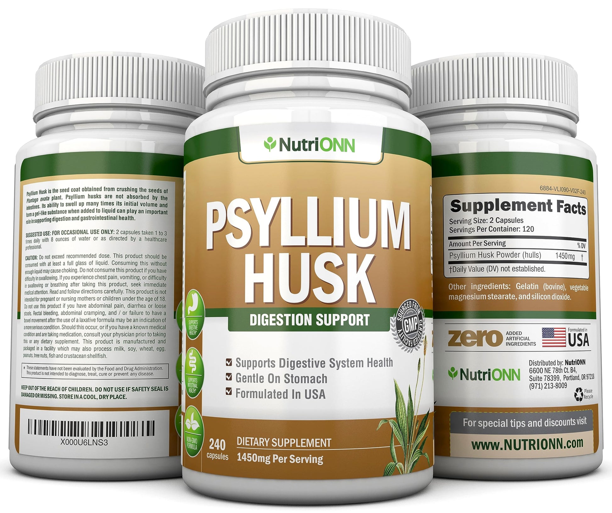 NutriONN PSYLLIUM Husk Capsules - 1450mg Per Serving - 240 Capsules - Double Strength NutriONN uk supplements