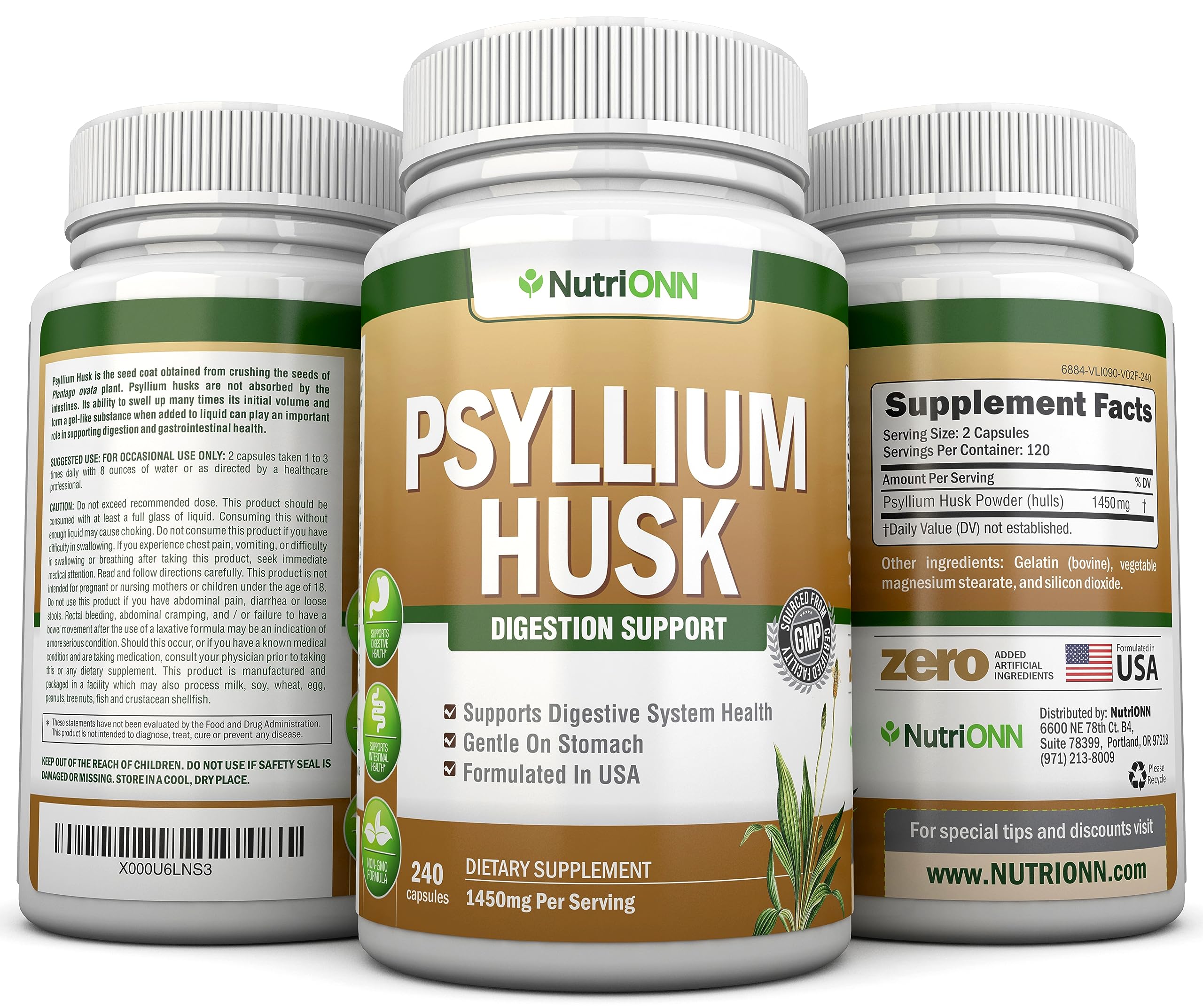 NutriONN PSYLLIUM Husk Capsules - 1450mg Per Serving - 240 Capsules - Double Strength NutriONN uk supplements