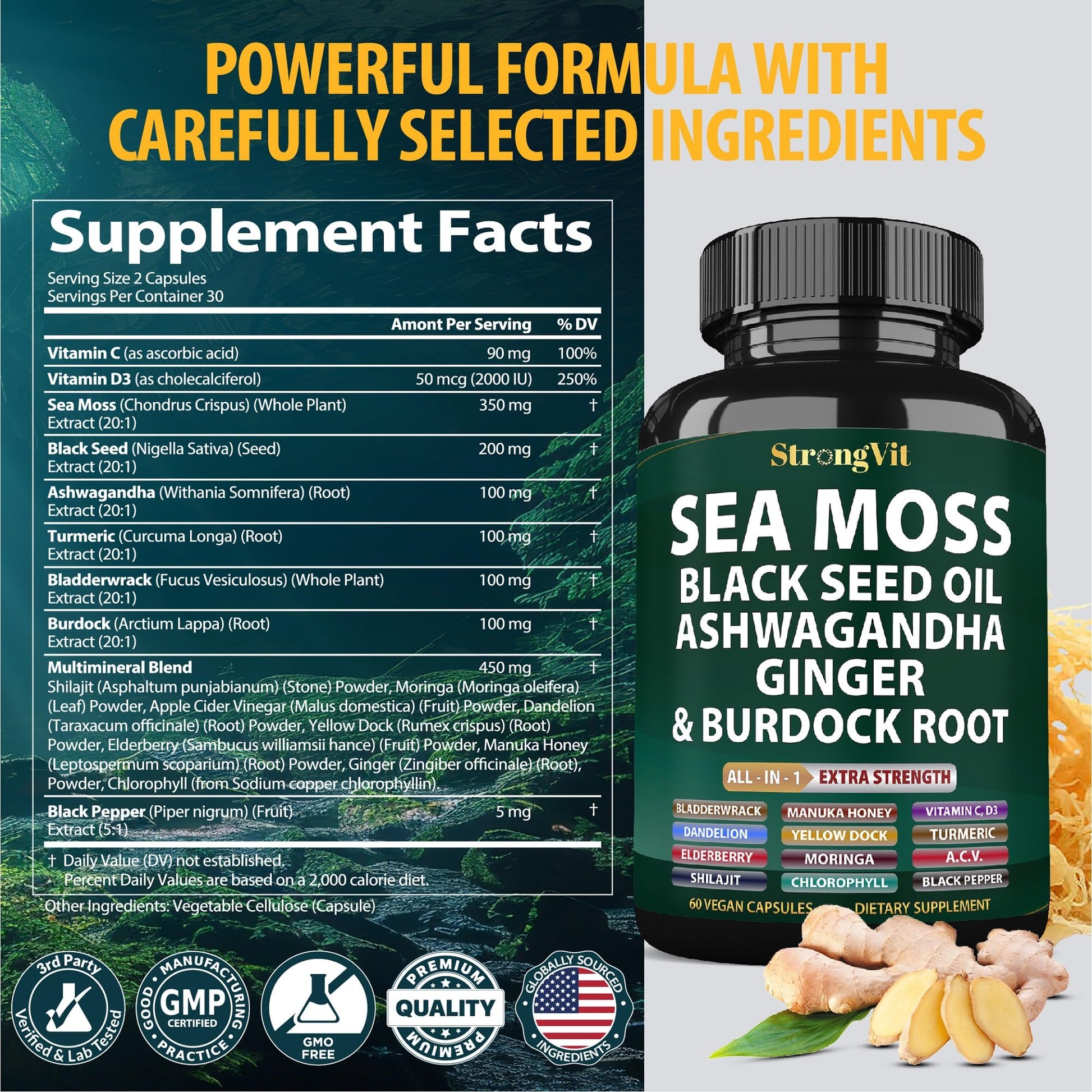 StrongVit Sea Moss Black Seed Oil Ashwagandha Ginger, Organic Sea Moss Capsules with Burdock Root, Irish Seamoss Pills with Bladderwrack, Advanced Multimineral Supplement, USA StrongVit uk supplements