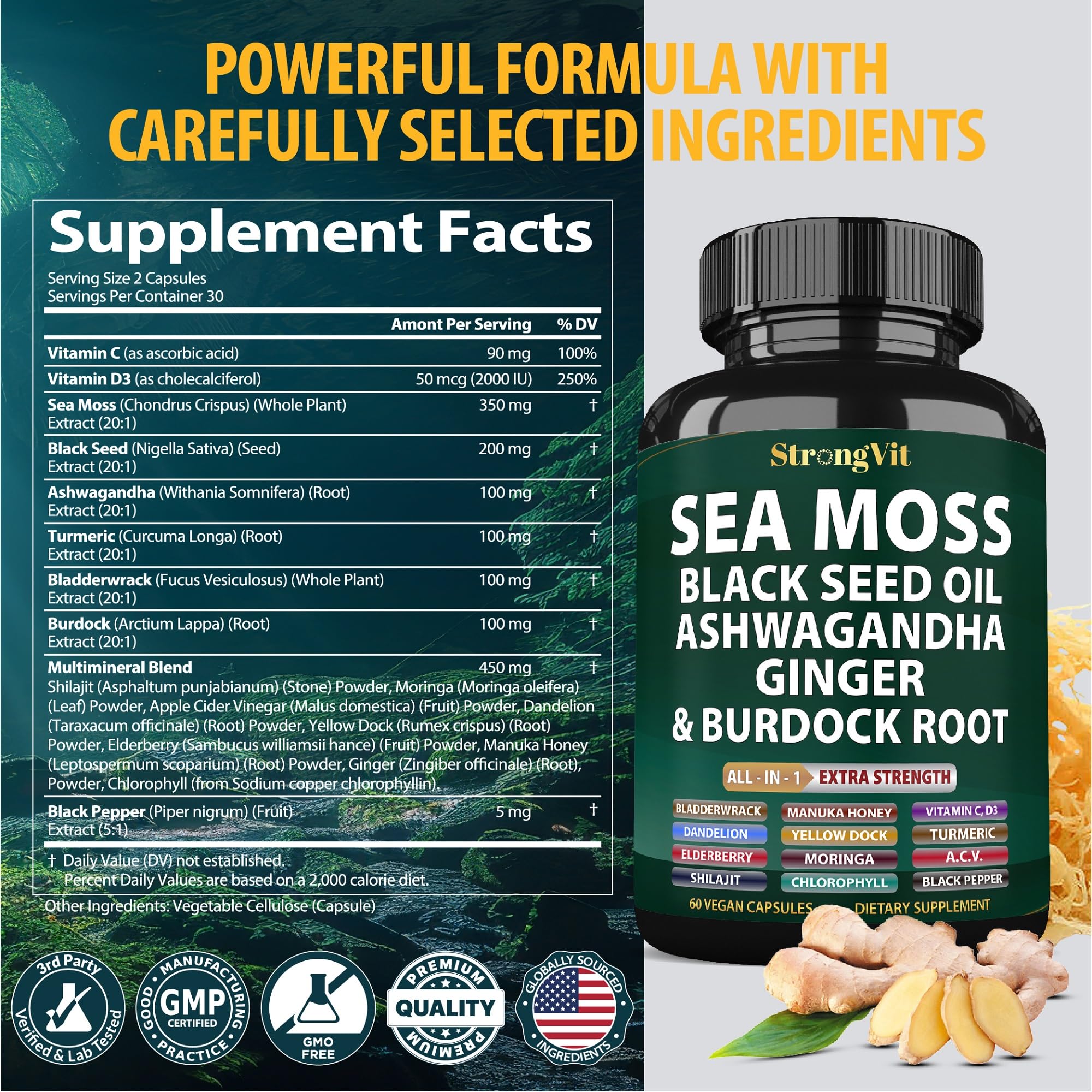 StrongVit Sea Moss Black Seed Oil Ashwagandha Ginger, Organic Sea Moss Capsules with Burdock Root, Irish Seamoss Pills with Bladderwrack, Advanced Multimineral Supplement, USA StrongVit uk supplements