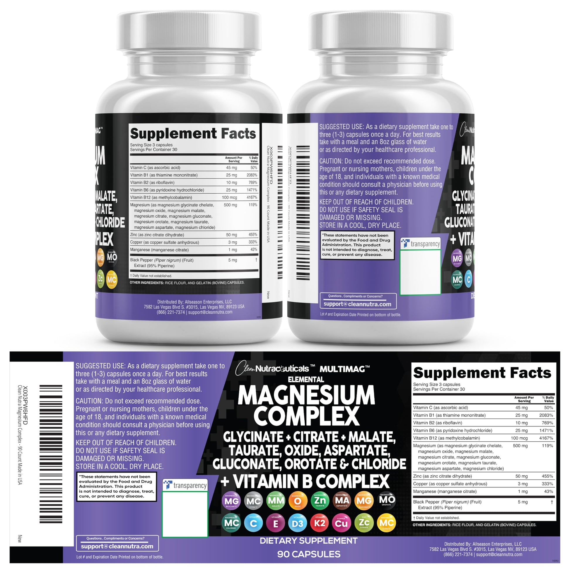 Clean Nutraceuticals Magnesium Complex with Magnesium Glycinate Citrate Malate Oxide Taurate Aspartate Orotate & Mag Chloride, Zinc Copper Manganese (90 Count (Pack of 2)) Clean Nutraceuticals uk supplements