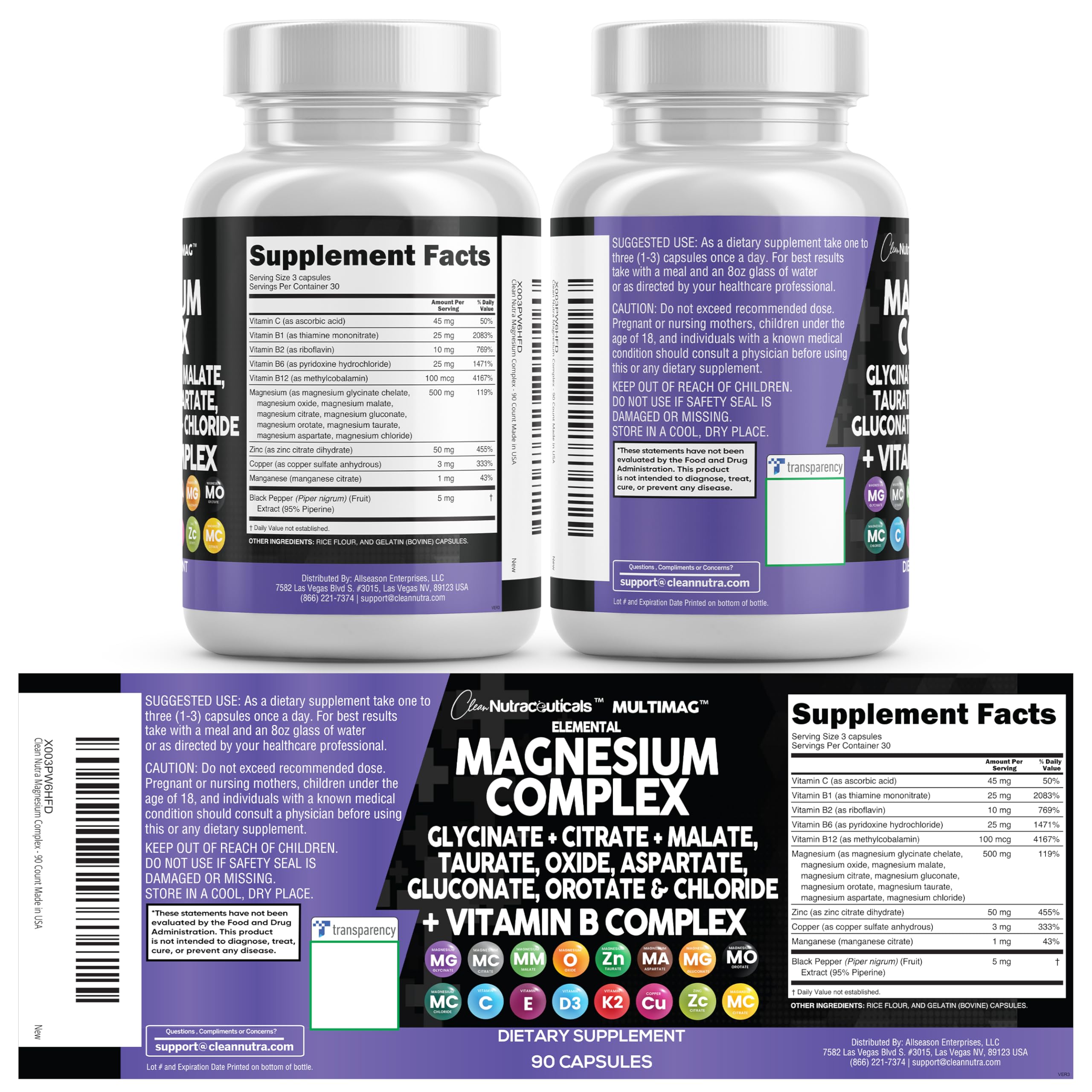 Clean Nutraceuticals Magnesium Complex with Magnesium Glycinate Citrate Malate Oxide Taurate Aspartate Orotate & Mag Chloride, Zinc Copper Manganese (90 Count (Pack of 2)) Clean Nutraceuticals uk supplements
