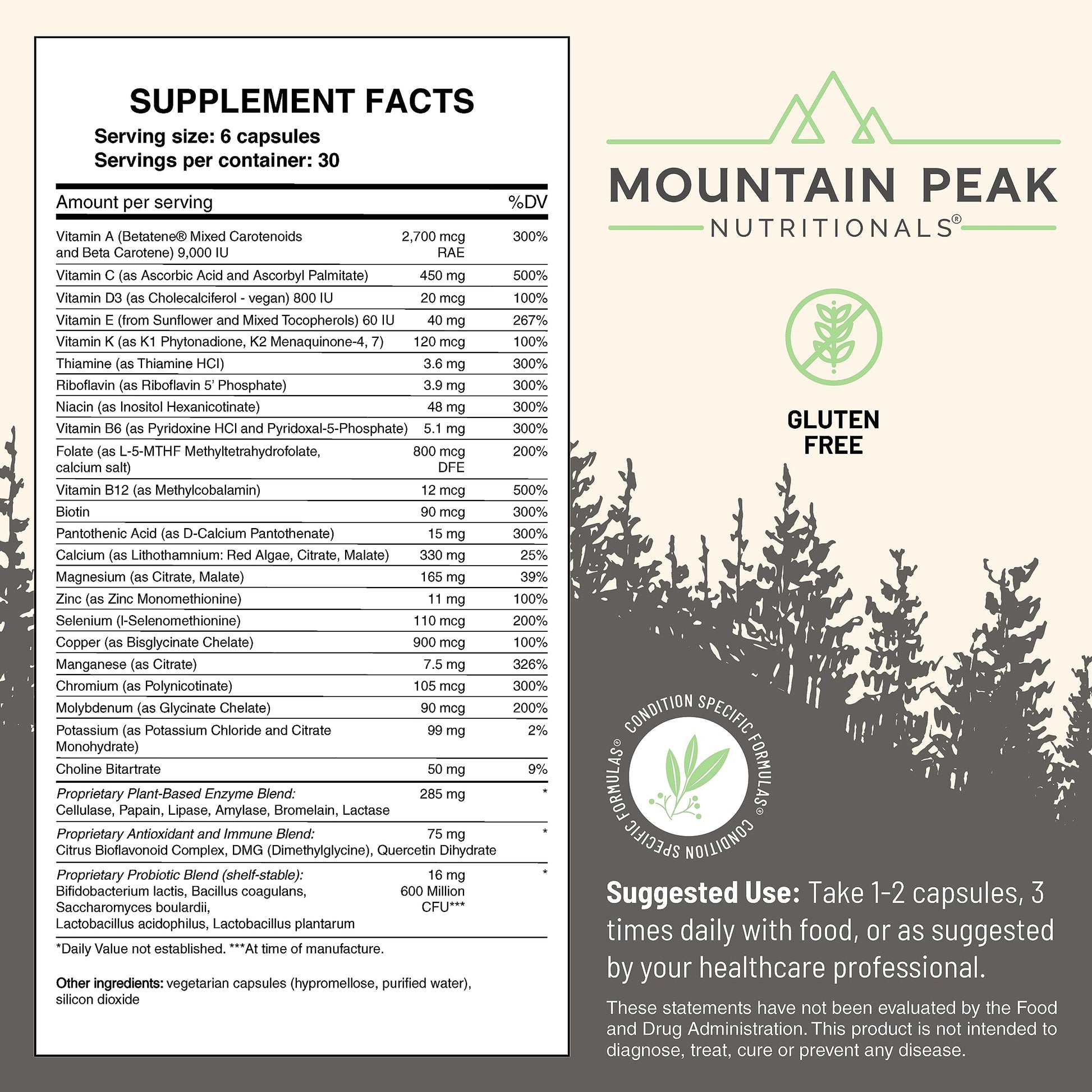 Mountain Peak Nutritionals Ultra High Multivitamin for Men & Women - with Vitamins A, B12, B6, C, D, E, Magnesium, Zinc, Folic Acid, Digestive Enzymes & Probiotics (180 Vegetarian Capsules) Mountain Peak Nutritionals uk supplements