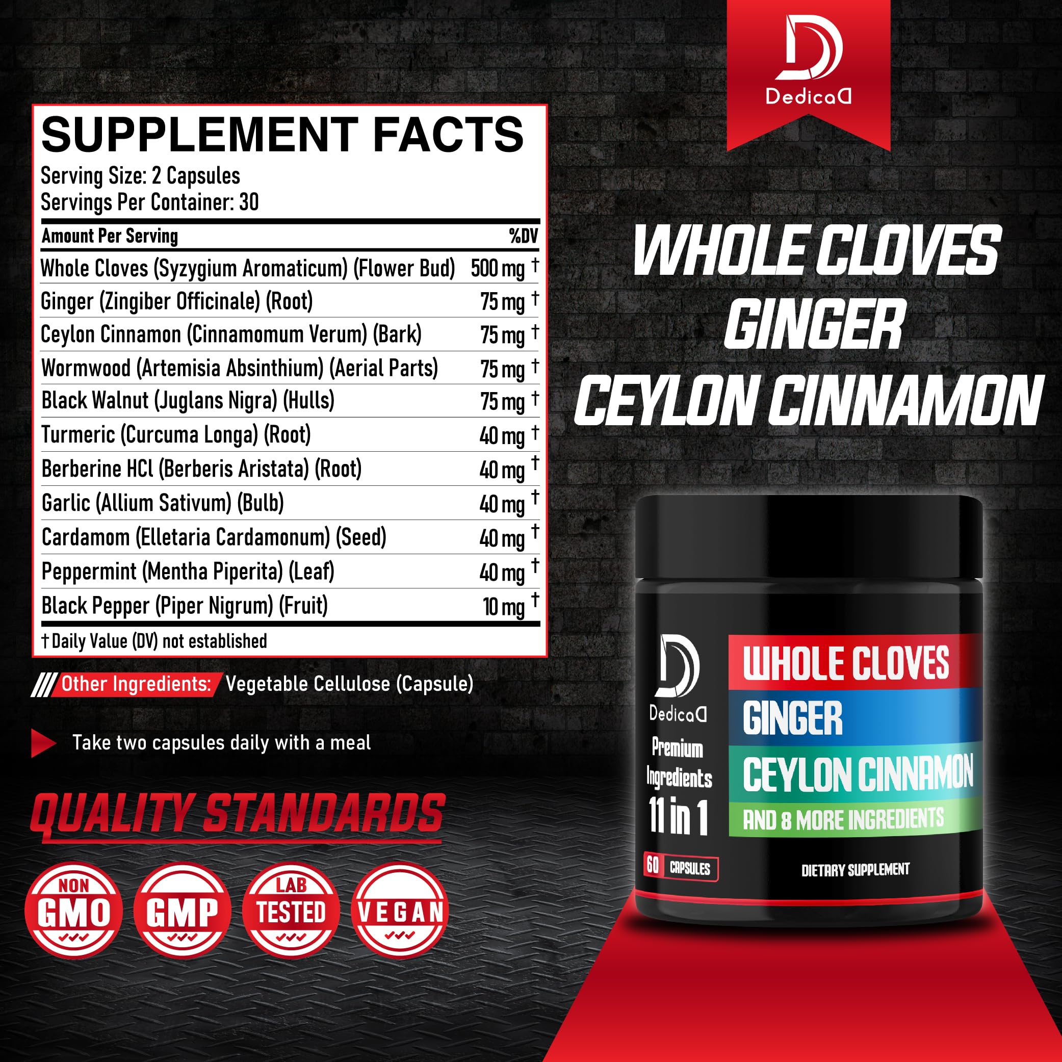 DEDICAD 11in1 Cloves Supplement with Ginger, Ceylon Cinnamon and 8 Other More - Digestive, Immune System, Mood Support - 60 Capsules - 30 Days Supply DEDICAD uk supplements