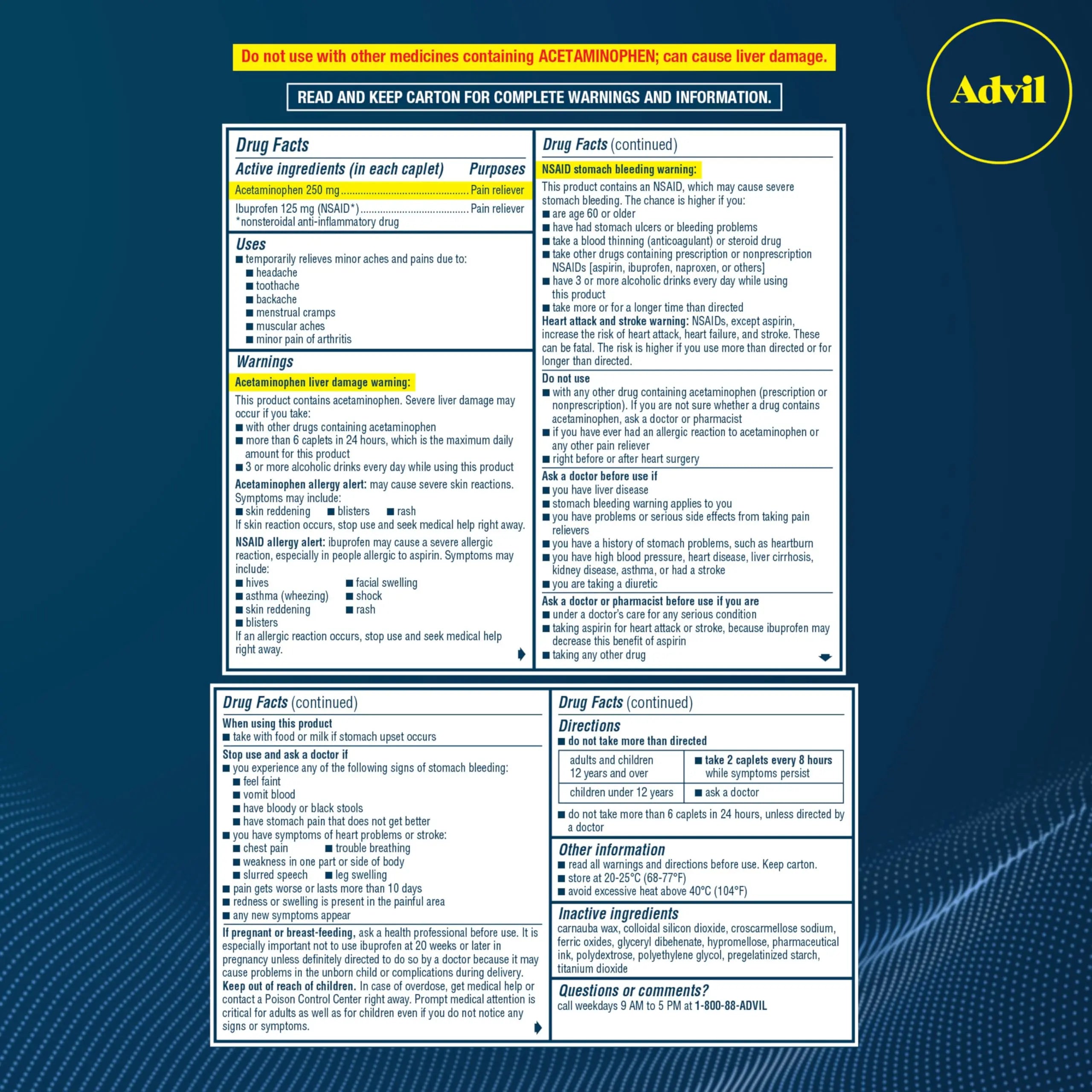 Advil Dual Action Coated Caplets with Acetaminophen, 250 Mg Ibuprofen and 500 Mg Acetaminophen Per Dose (2 Dose Equivalent) for 8 Hour Pain Relief - 72 Count Advil uk supplements