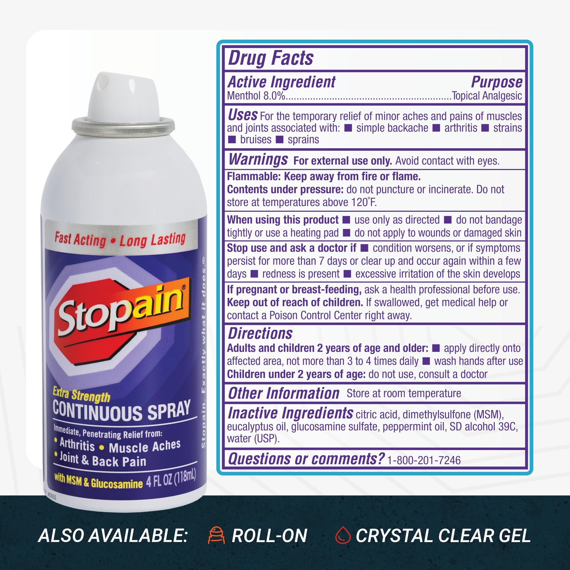 Stopain Pain Relief Spray 4oz, USA Made, Max Strength Fast Acting with Menthol, MSM, Glucosamine for Lower Back, Arthritis, Knee, Neck, Joints, HSA FSA Approved OTC Topical Analgesic Product Stopain uk supplements