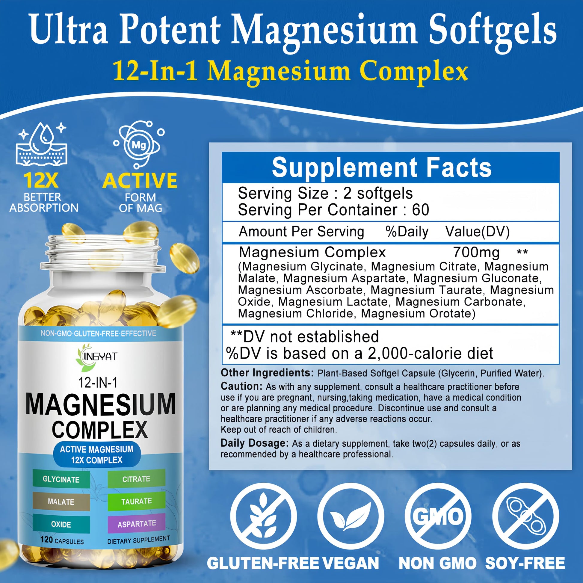 Magnesium Complex Softgels - 12-in-1 Magnesium Supplement with Glycinate,Citrate,Malate,Oxide,Taurate - High Absorption Magnesium Complex for Women & Men for Muscle, Heart, Sleep, Bone, Nerve Support JINGYAT uk supplements