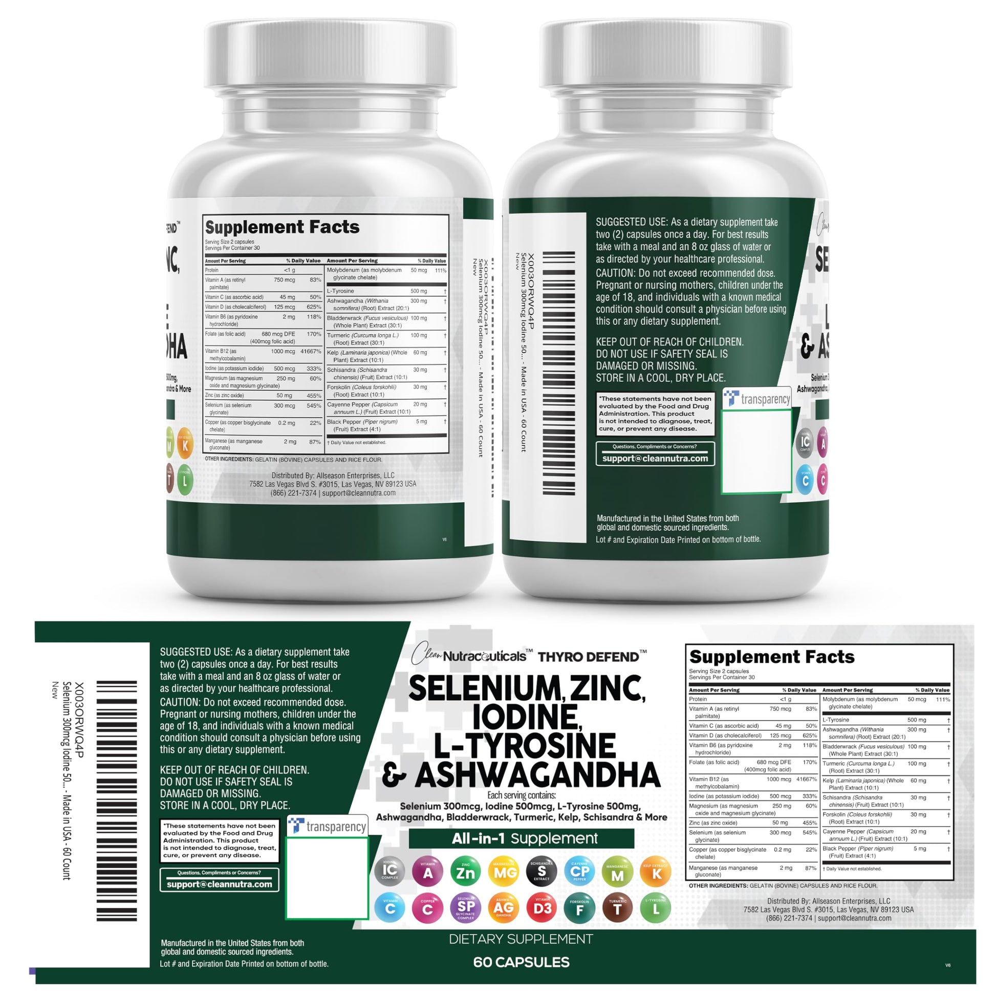 Clean Nutra Selenium 300mcg Iodine 500mcg Thyroid Support for Women & Men | L Tyrosine 500mg Ashwagandha Supplement Bladderwrack, Turmeric, Kelp, Schisandra Zinc Pills Capsule Supplements Clean Nutraceuticals uk supplements