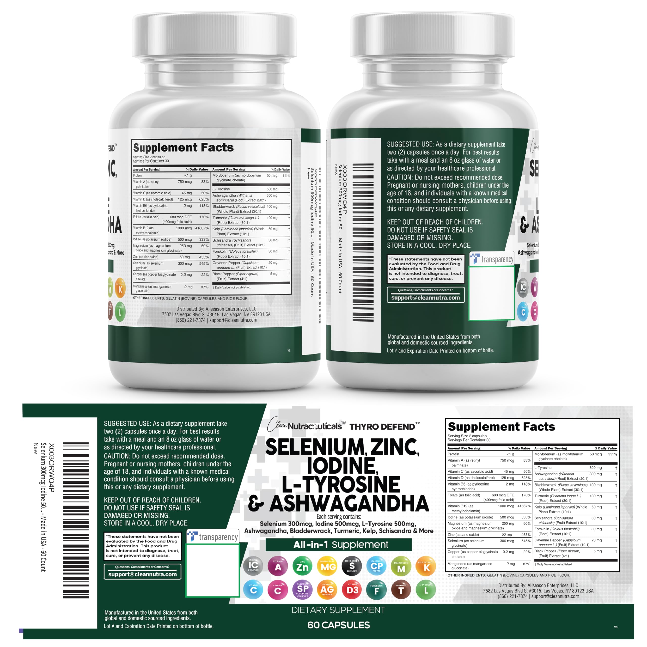 Clean Nutra Selenium 300mcg Iodine 500mcg Thyroid Support for Women & Men | L Tyrosine 500mg Ashwagandha Supplement Bladderwrack, Turmeric, Kelp, Schisandra Zinc Pills Capsule Supplements Clean Nutraceuticals uk supplements