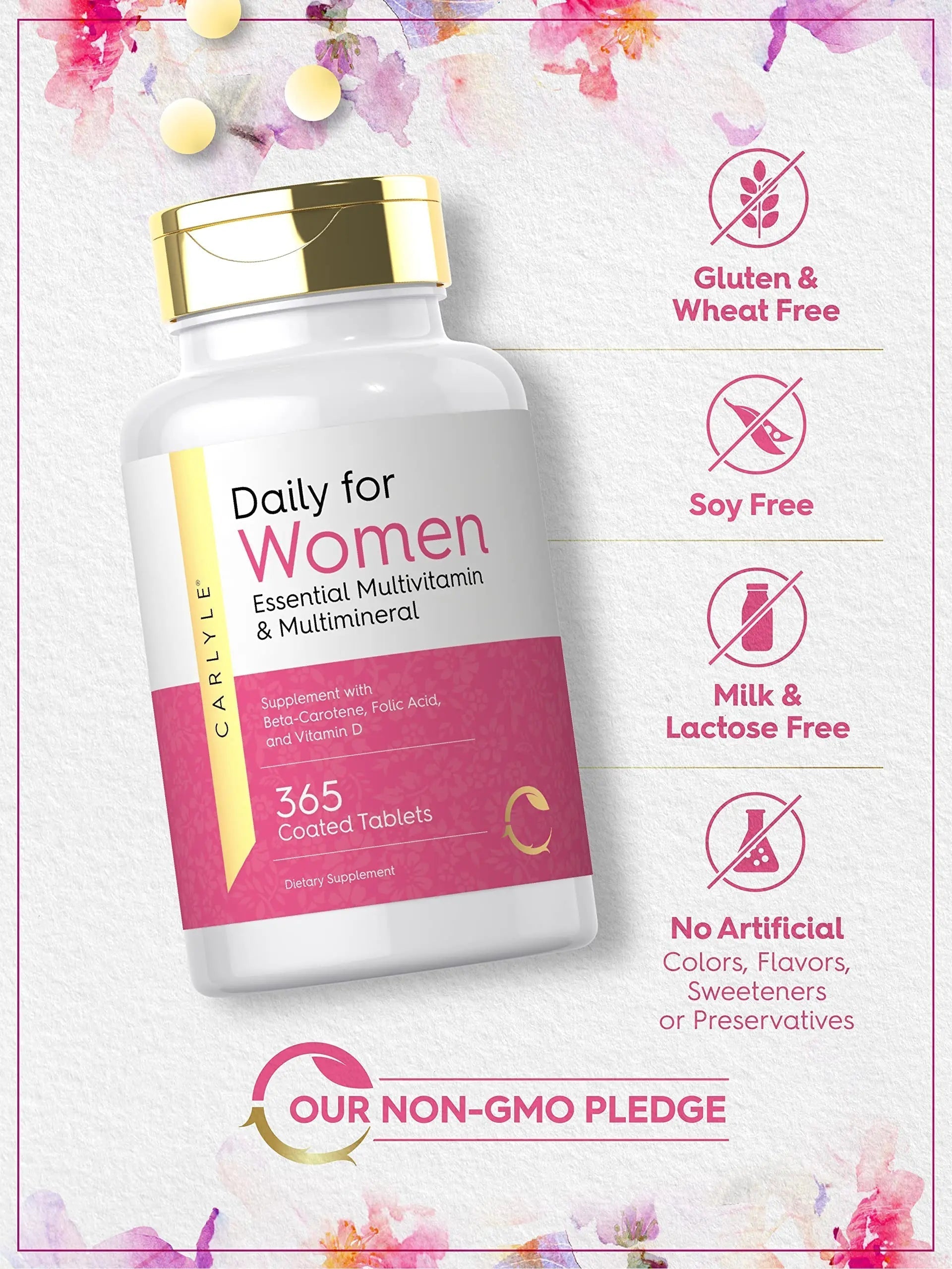 Carlyle Women's Daily Multivitamin and Multimineral Supplement | 365 Tablets | Beta-Carotene, Folic Acid and Vitamin D | Non-GMO, Gluten Free Pills Carlyle uk supplements